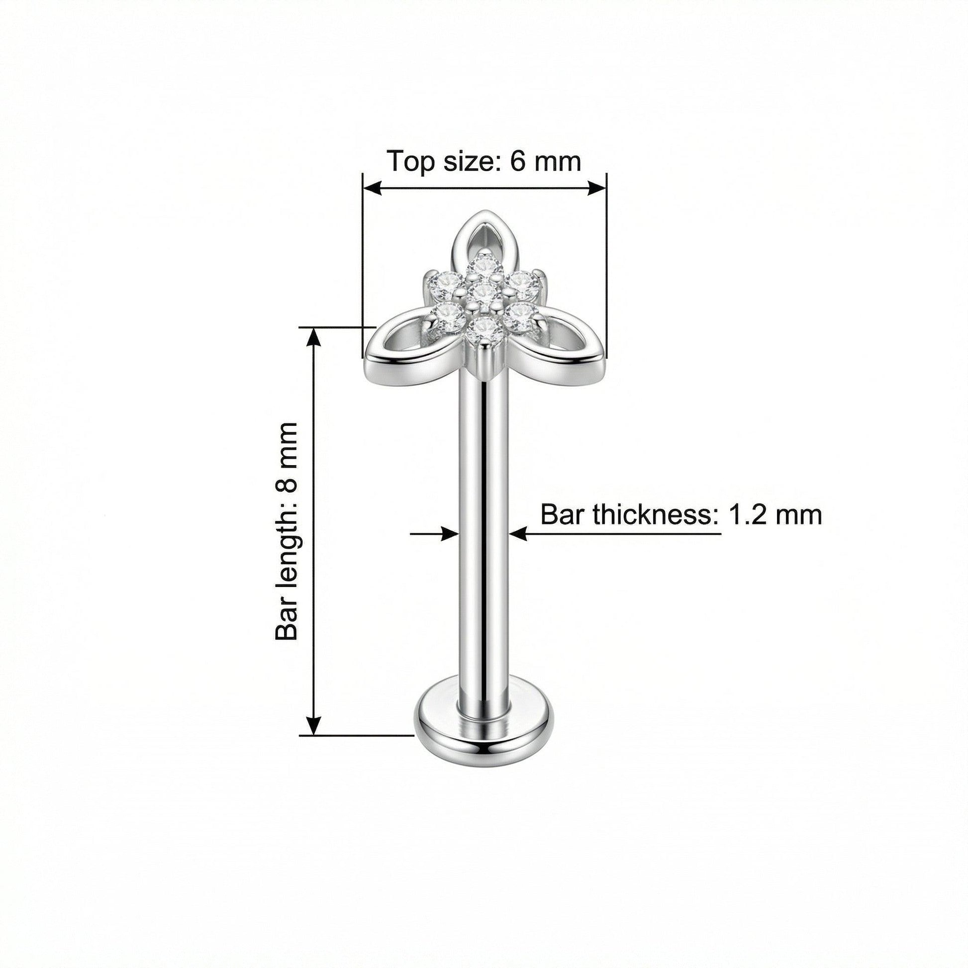 Dimensions diagram of the silver titanium CZ flower cluster stud showing an