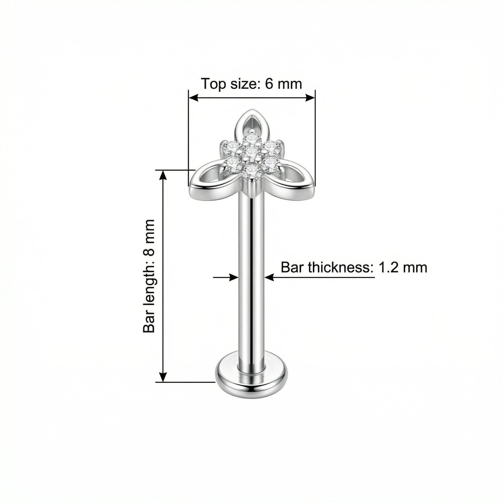 Dimensions diagram of the silver titanium CZ flower cluster stud showing an