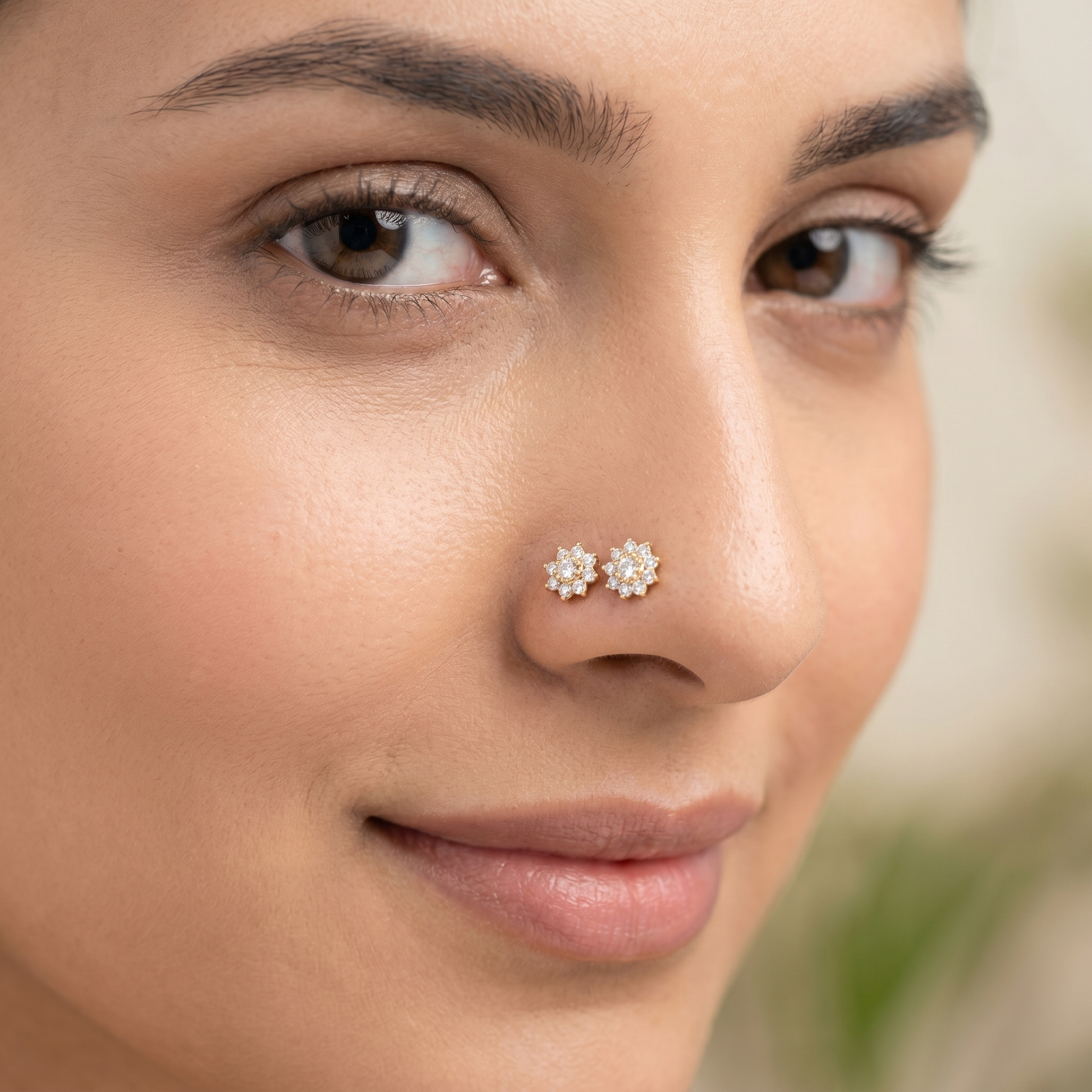 flower nose stud worn on a model — hypoallergenic titanium