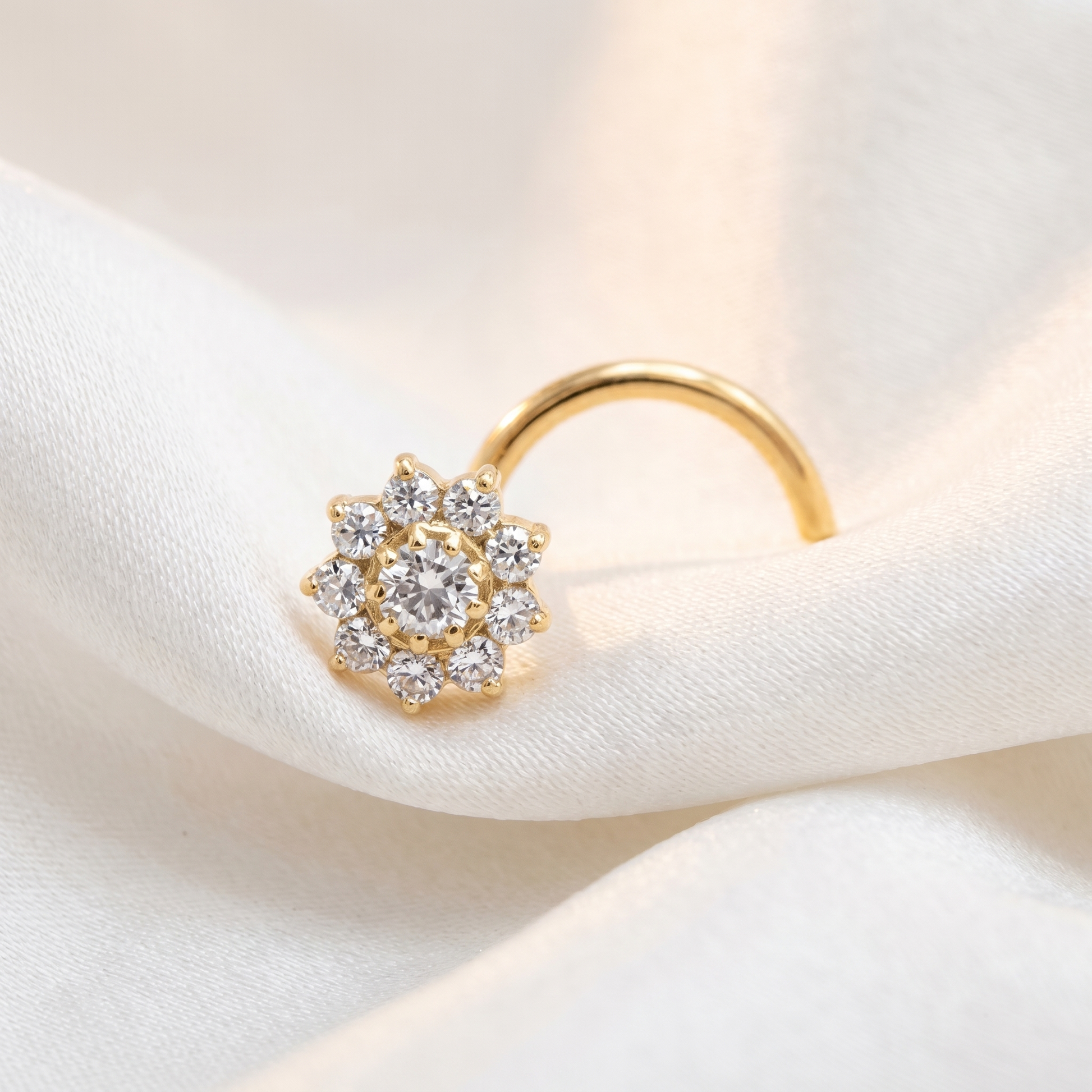 flower nose stud on satin fabric — G23 titanium 20G