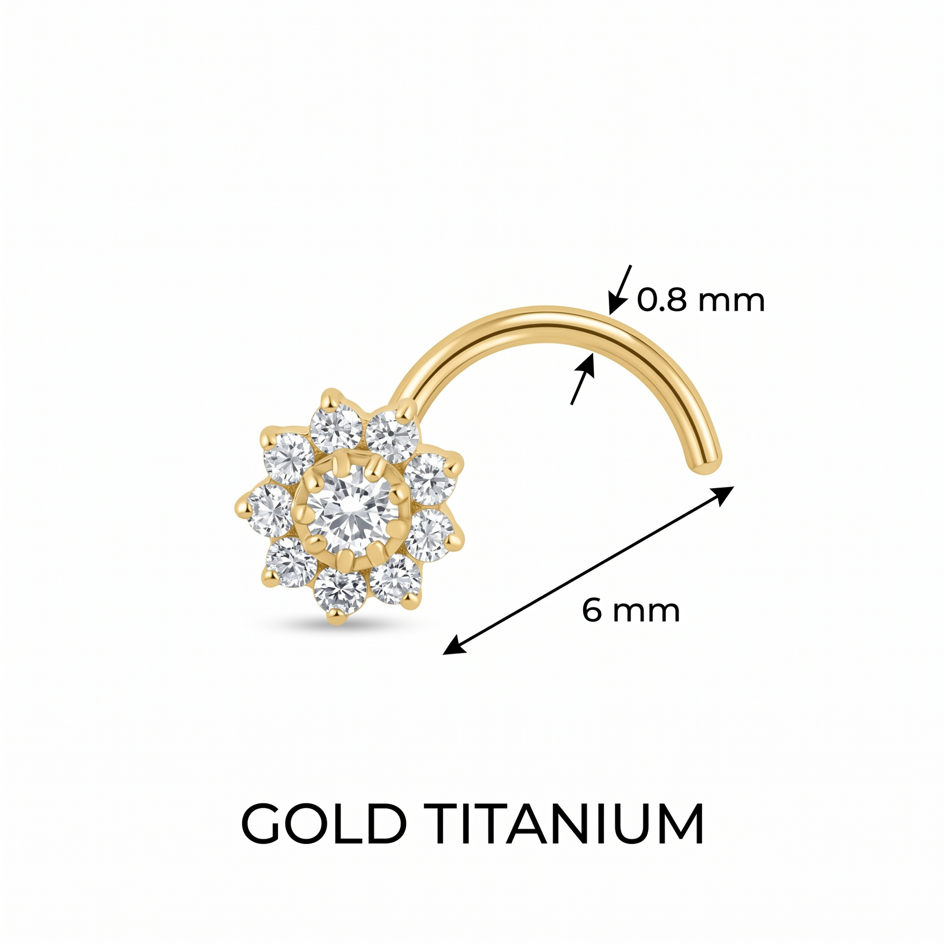flower nose stud size chart — 0.8 mm 20G, 6 mm length, G23 titanium