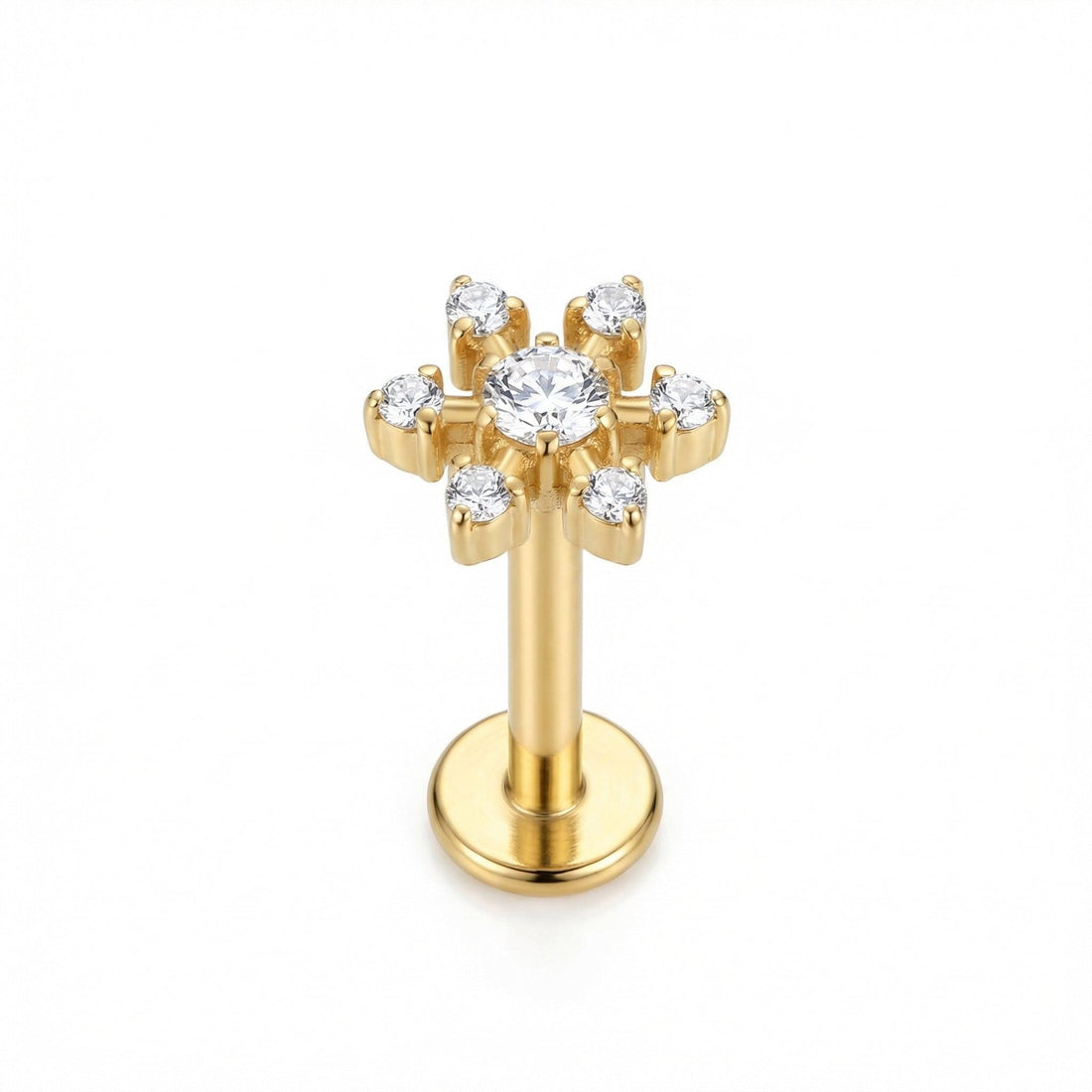 Gold flower zircon stud — medusa piercing placement