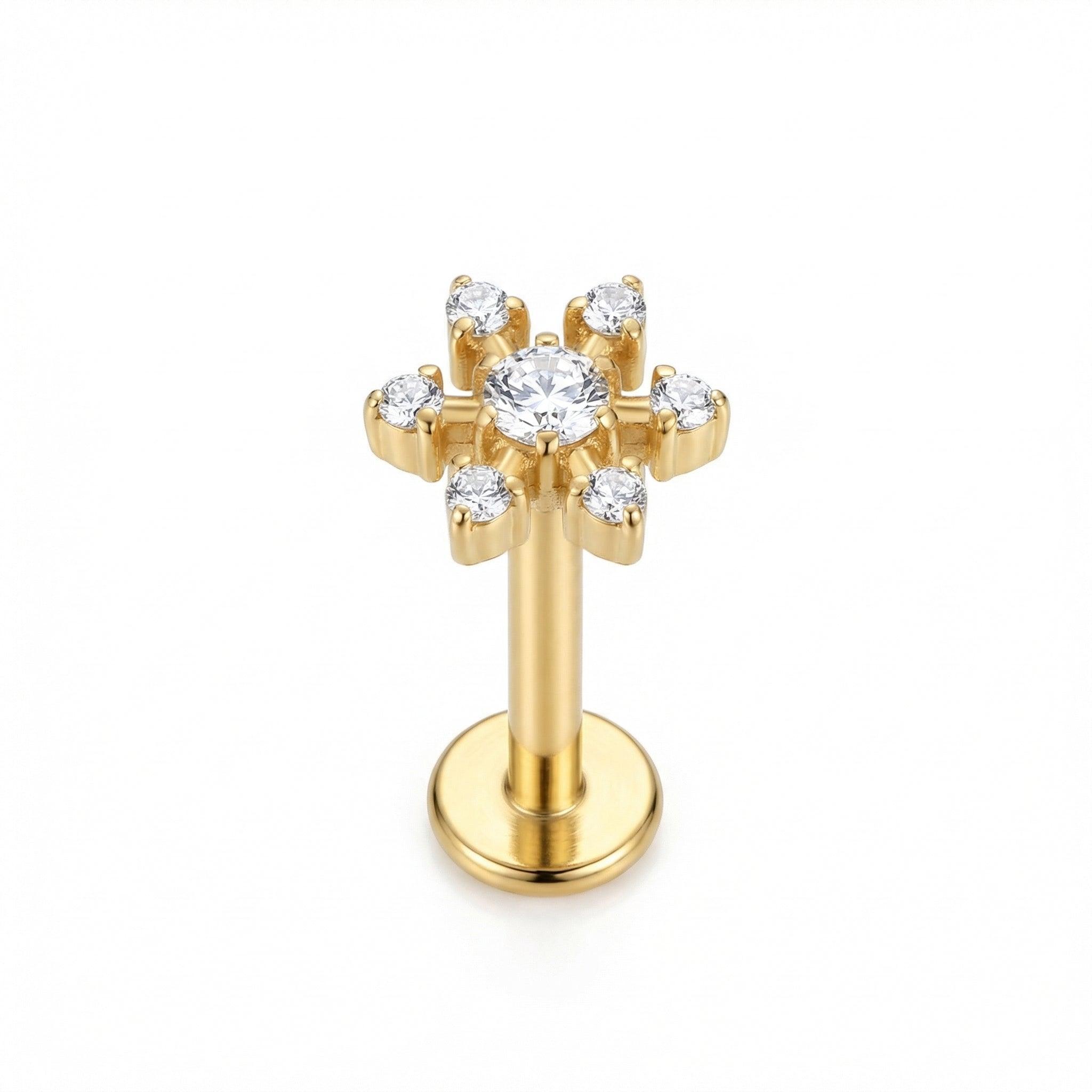 Gold Helix Piercing Earrings - Silver flower zircon stud