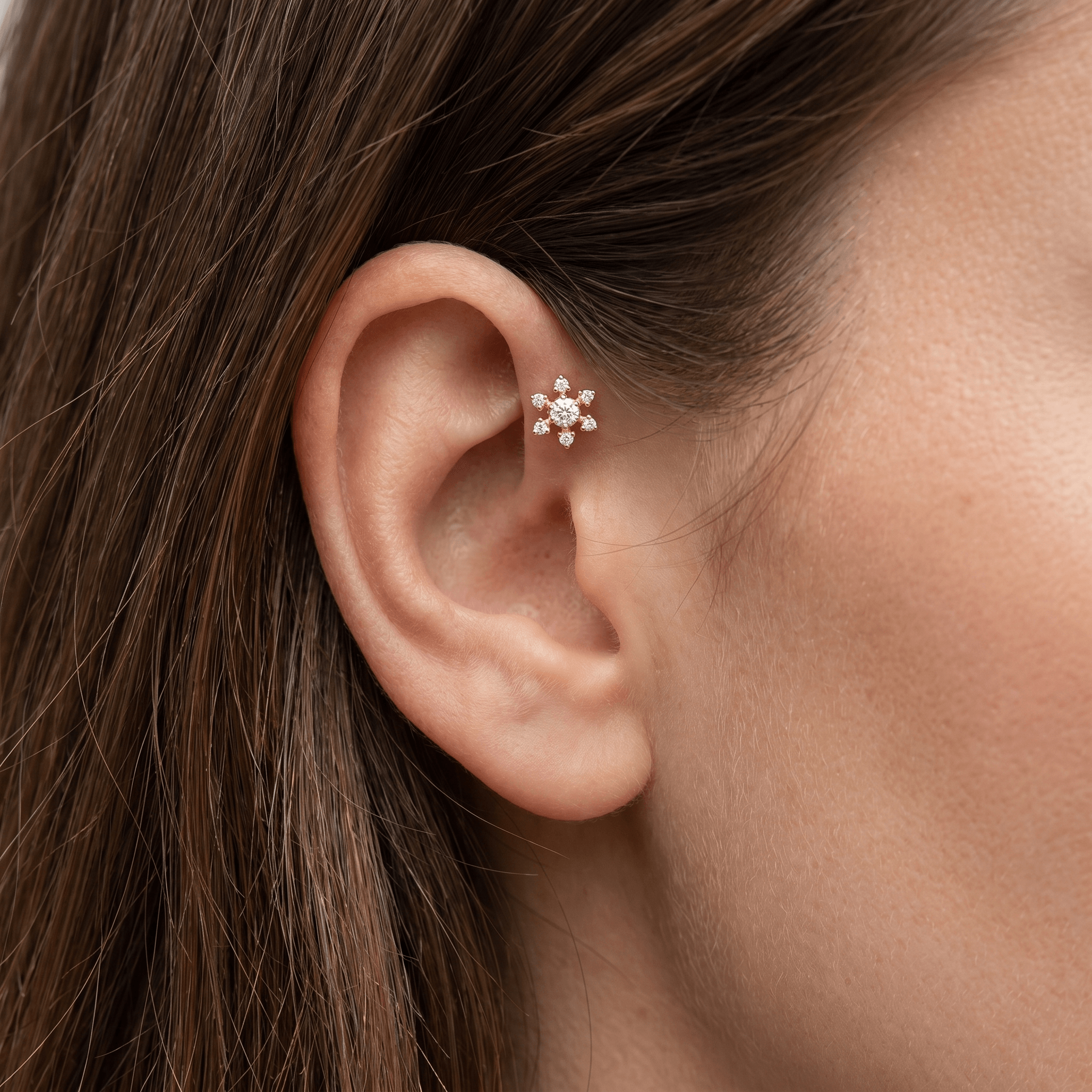 Gold Piercing Earrings - Gold medical-grade titanium piercing worn perfectly in