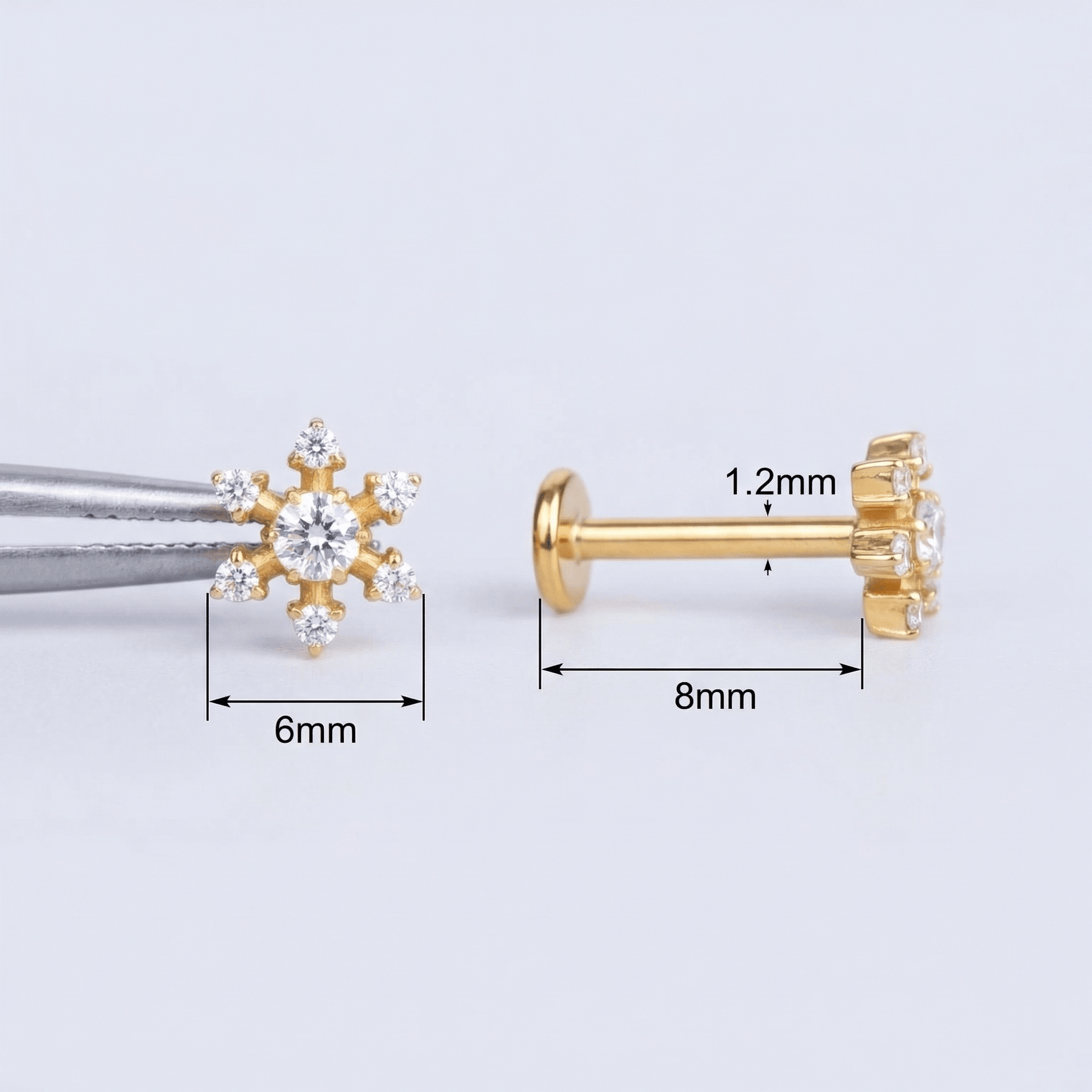 Gold Piercing Earrings - Diagram showing 6mm bar measurements for the