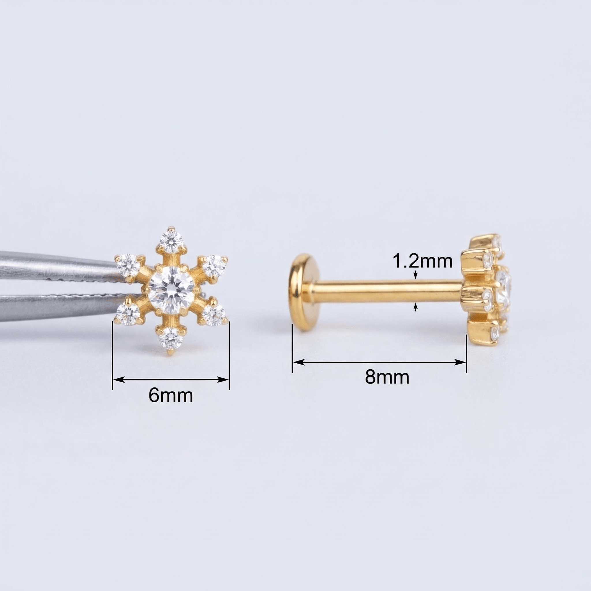 Gold Piercing Earrings - Diagram showing 6mm bar measurements for the