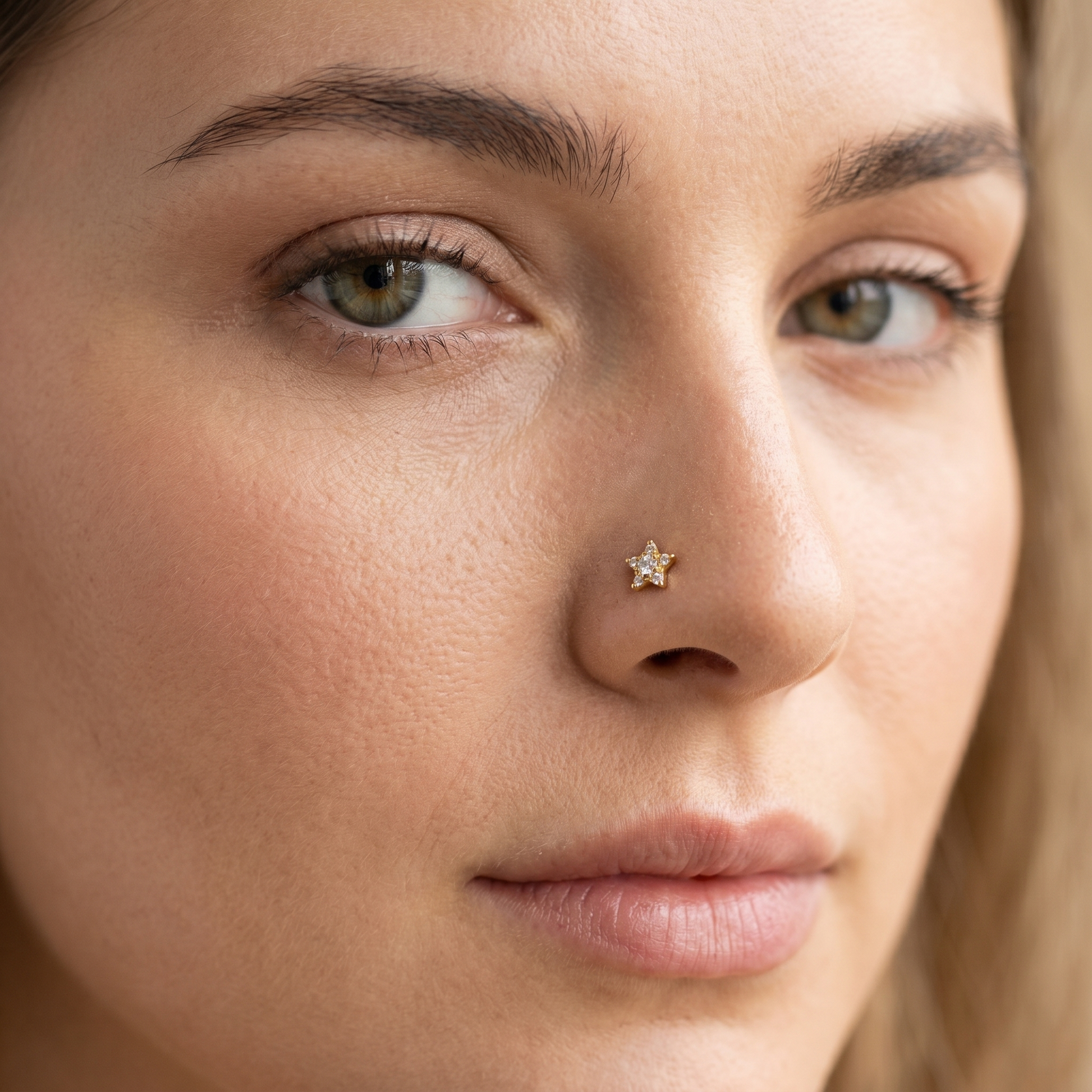 gold star nose stud worn on a model, side profile