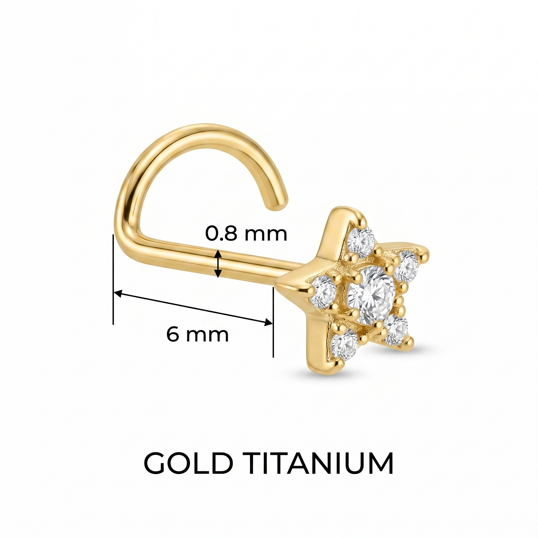 gold star nose stud size chart — 0.8 mm 20G, 6 mm length, G23 titanium