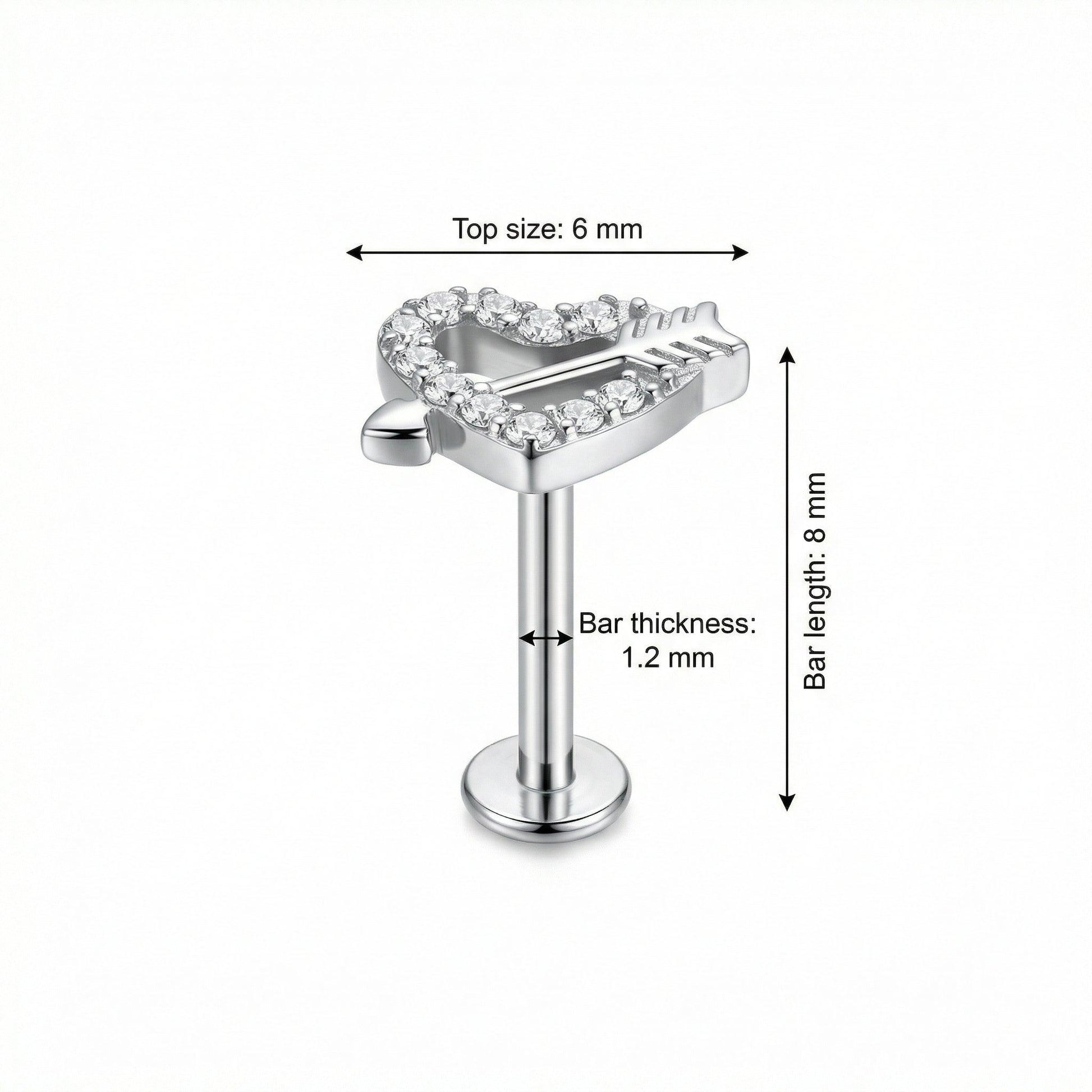 Heart Front Helix Piercing - Dimensions for the silver