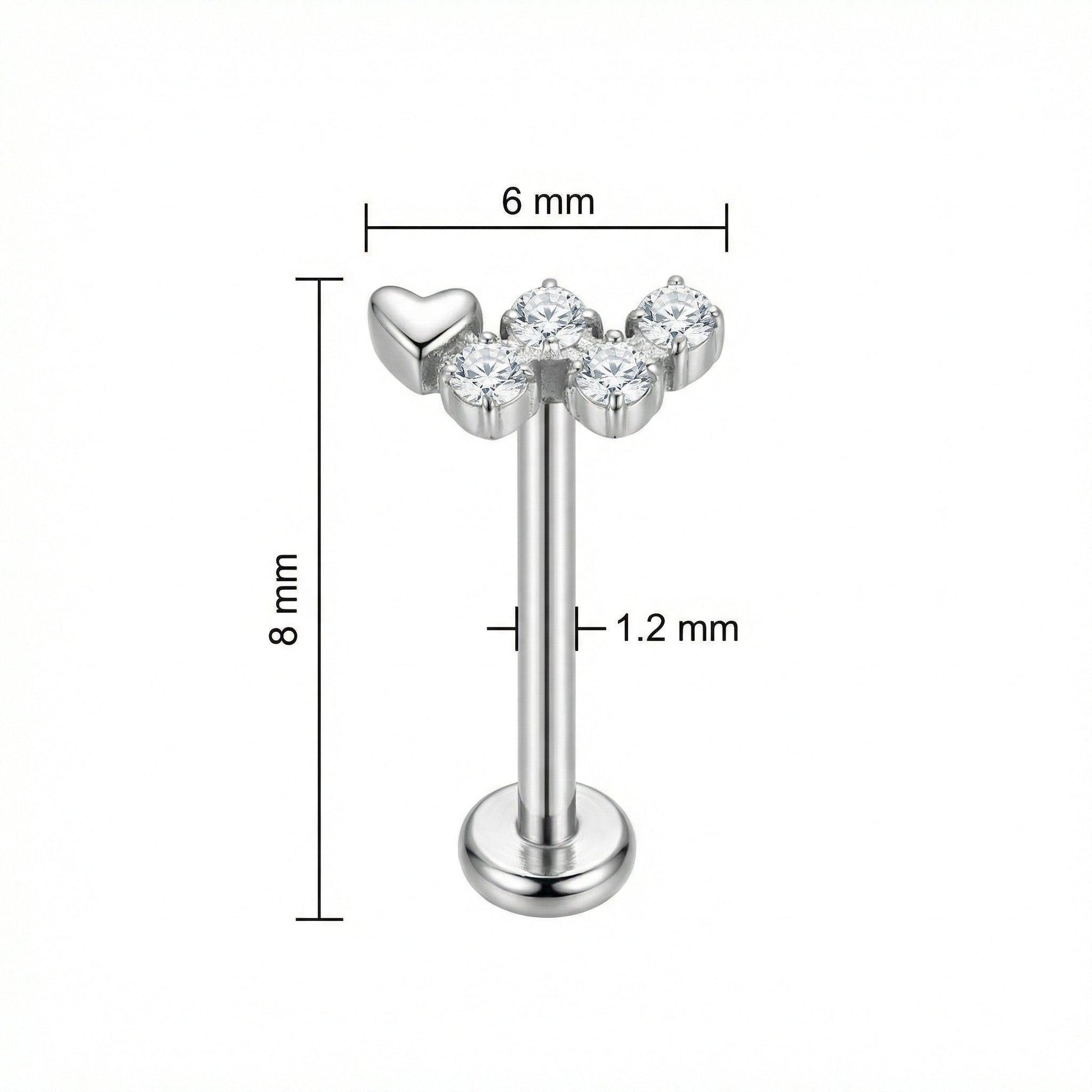 Heart Hidden Helix Piercing - Dimensions for the silver