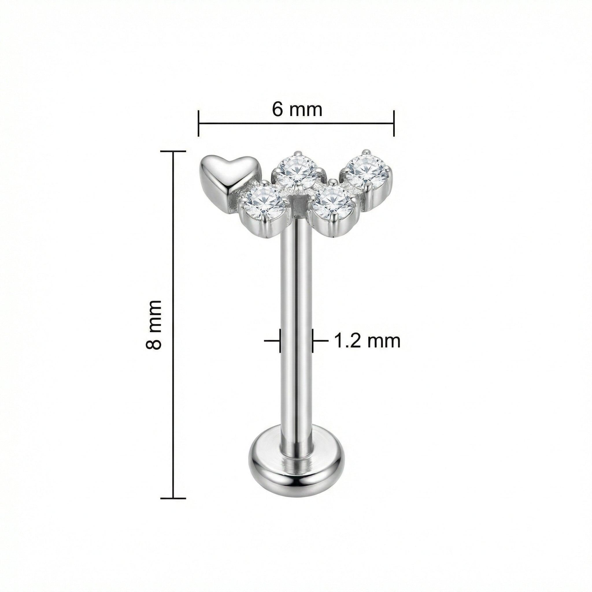 Heart Hidden Helix Piercing - Dimensions for the silver