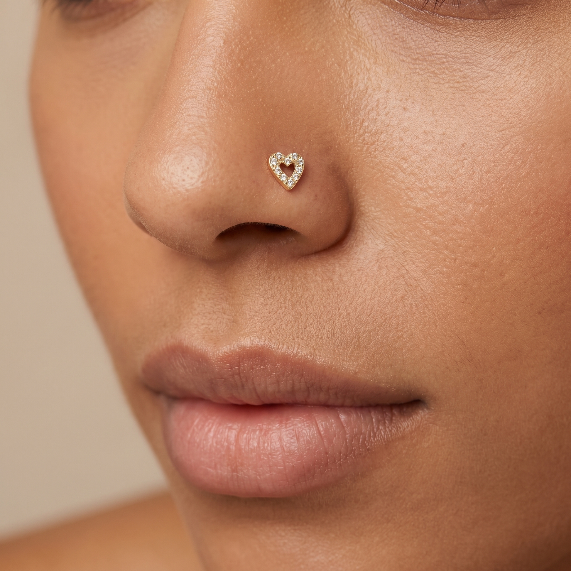 heart nose stud close-up on a model — single nostril nose jewelry