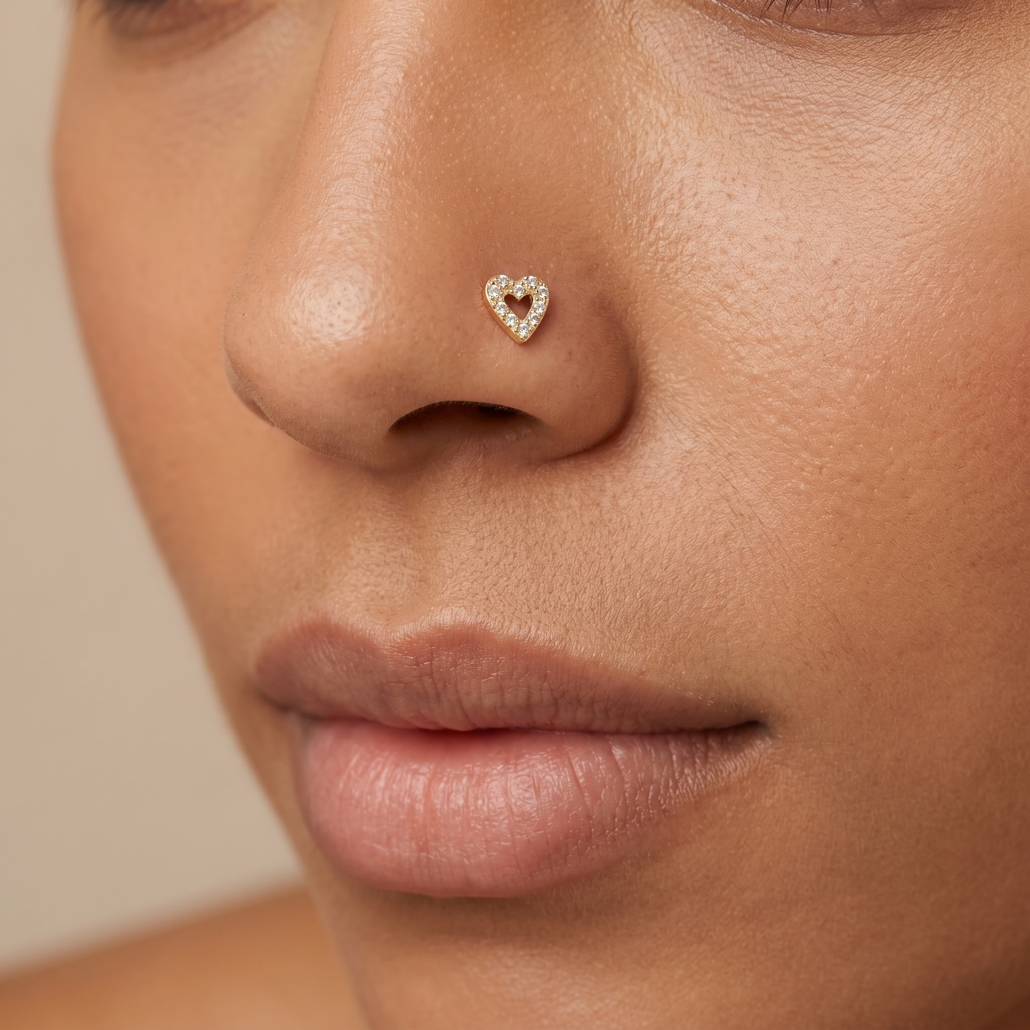 heart nose stud close-up on a model — single nostril nose jewelry