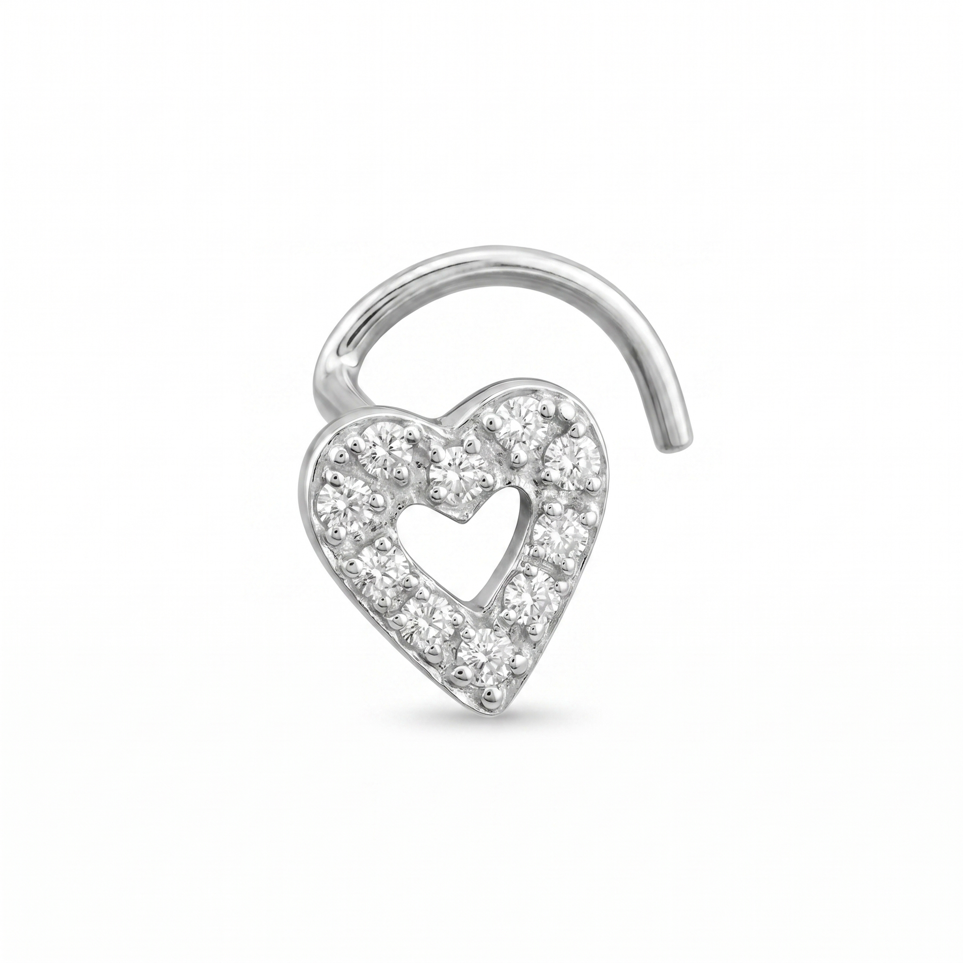 heart nose stud in silver on a white background — G23 titanium 20G