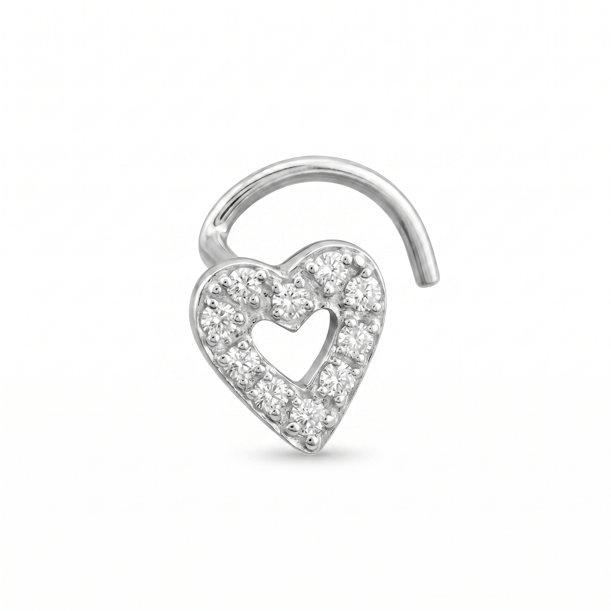 heart nose stud in silver on a white background — G23 titanium 20G