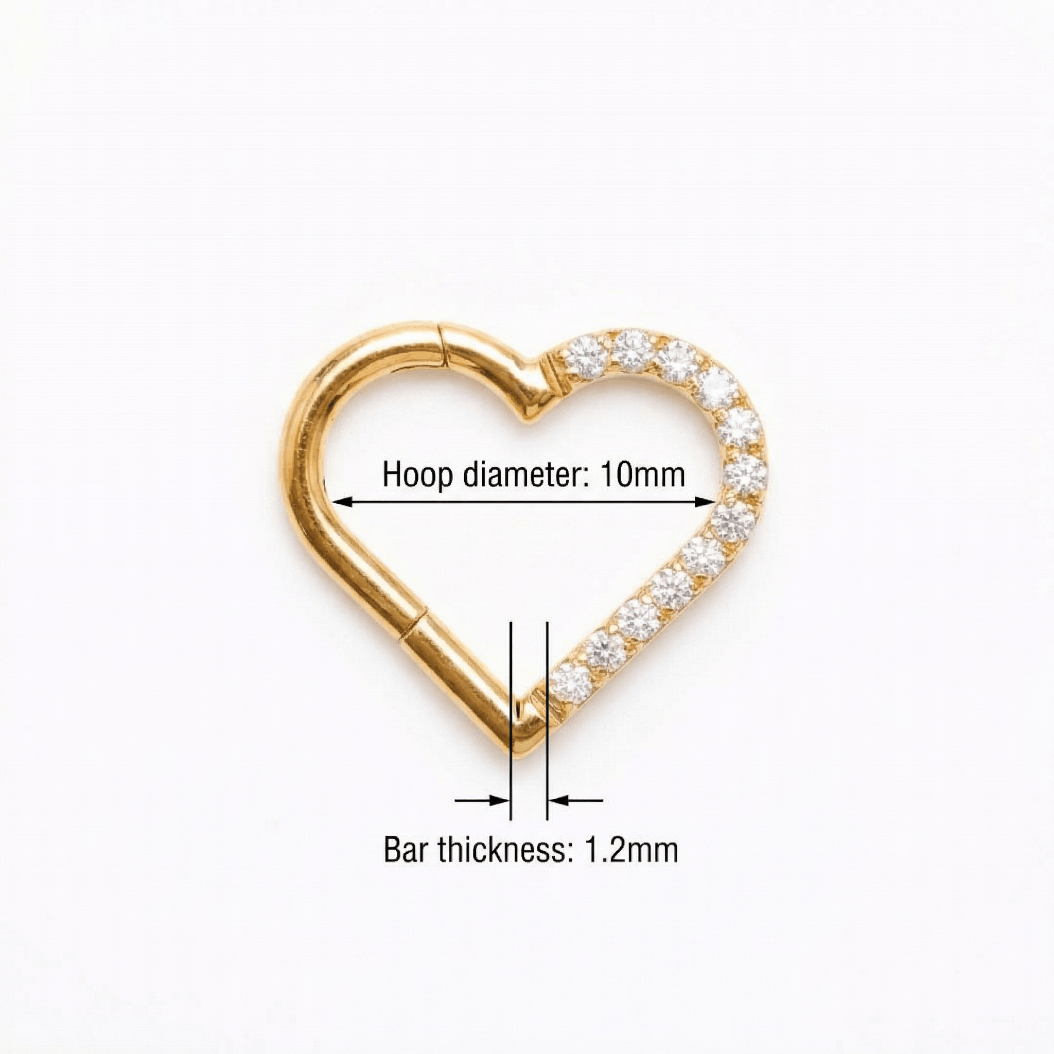 Heart Piercing In Septum - Dimension chart for gold