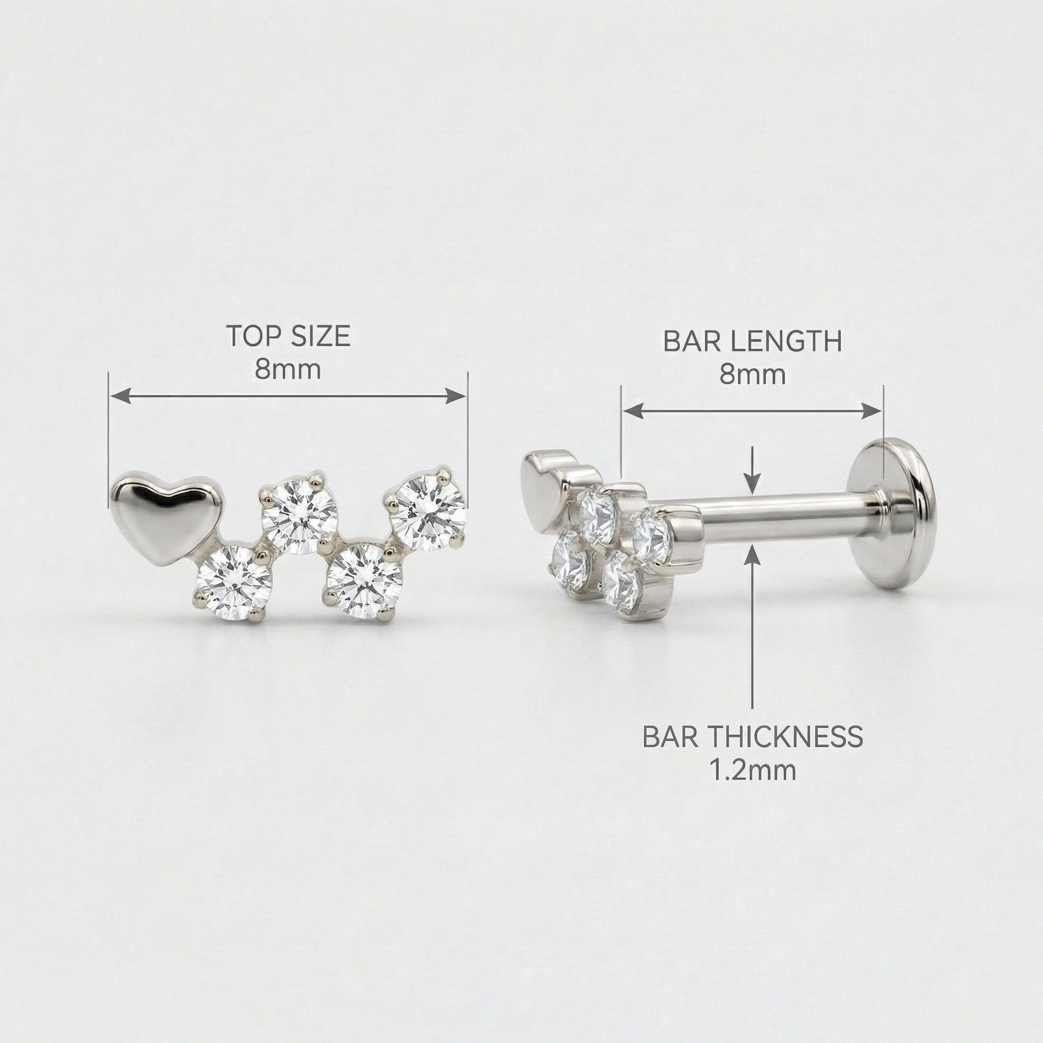 Diagram showing silver 16g faux piercing bar measurements.