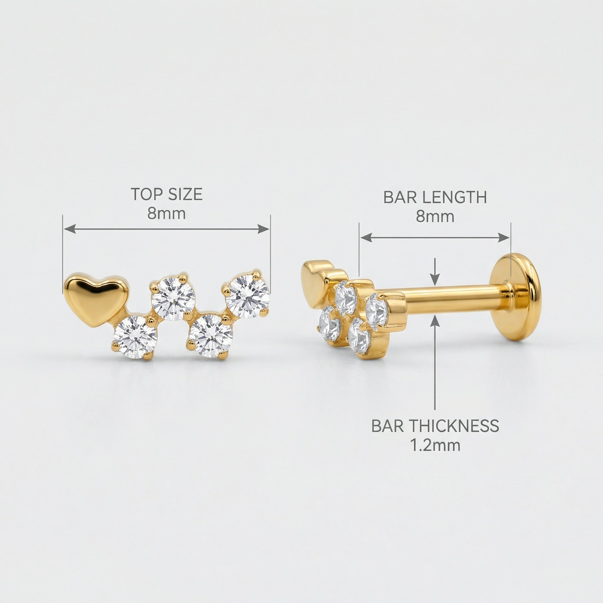 Diagram showing gold heart cluster faux stud sizing and measurements.