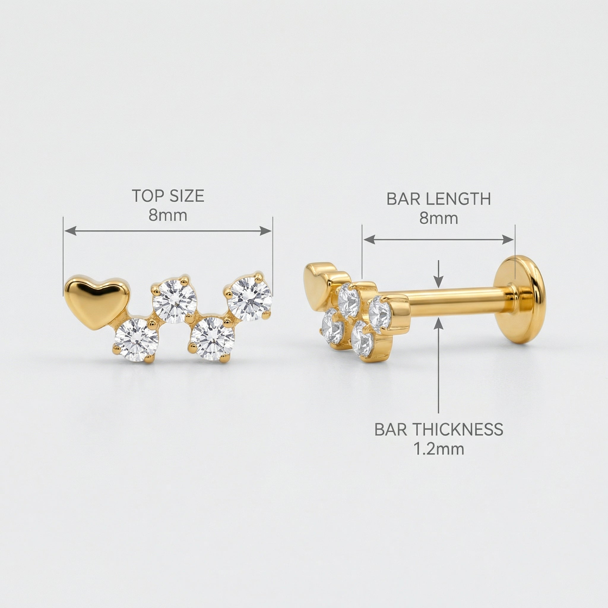 Diagram showing gold heart cluster faux stud sizing and measurements.