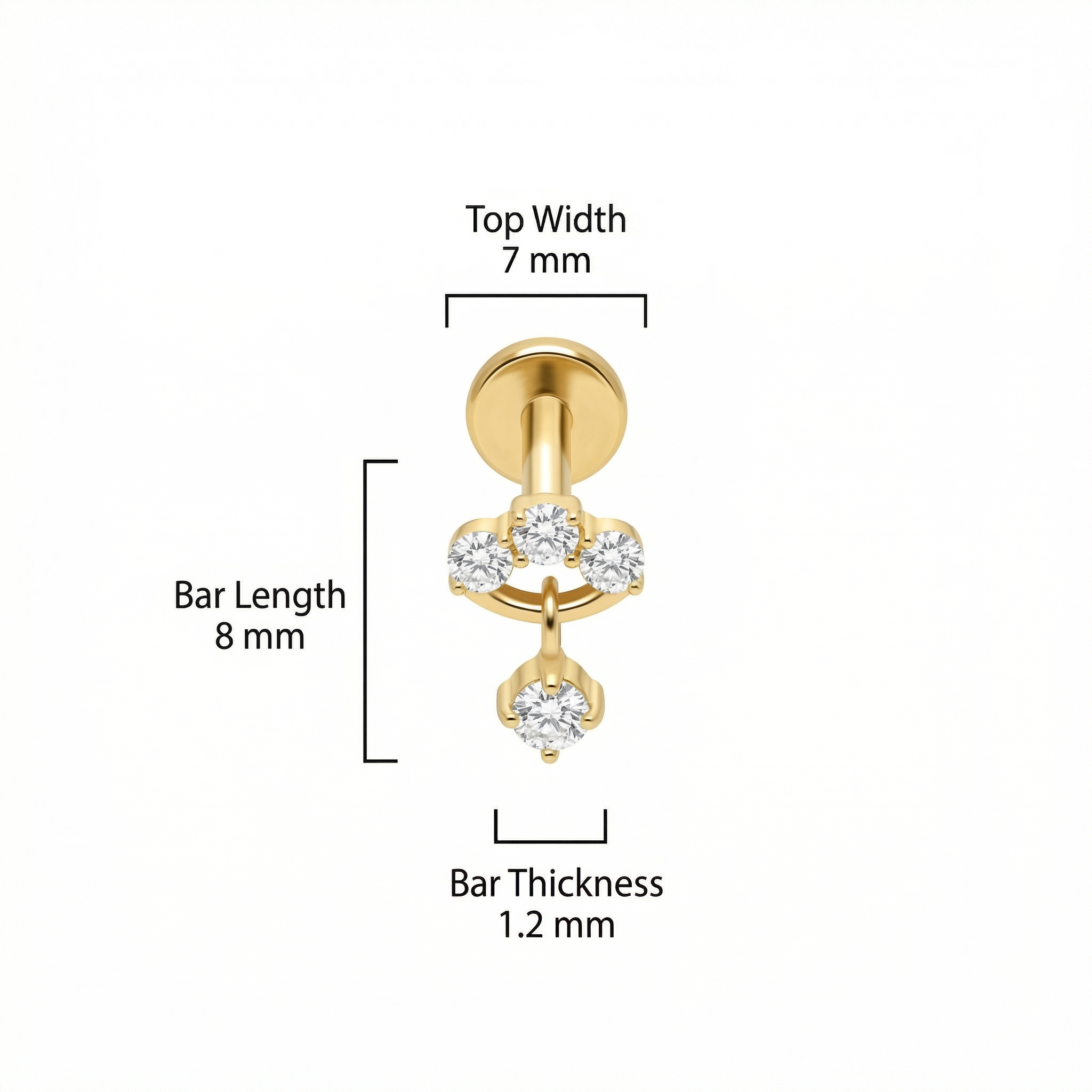 Titanium Triple Zircon Dangle Labret Piercing 7mm (16G) Flat Back Cartilage Stud for Helix Lobe and Lip