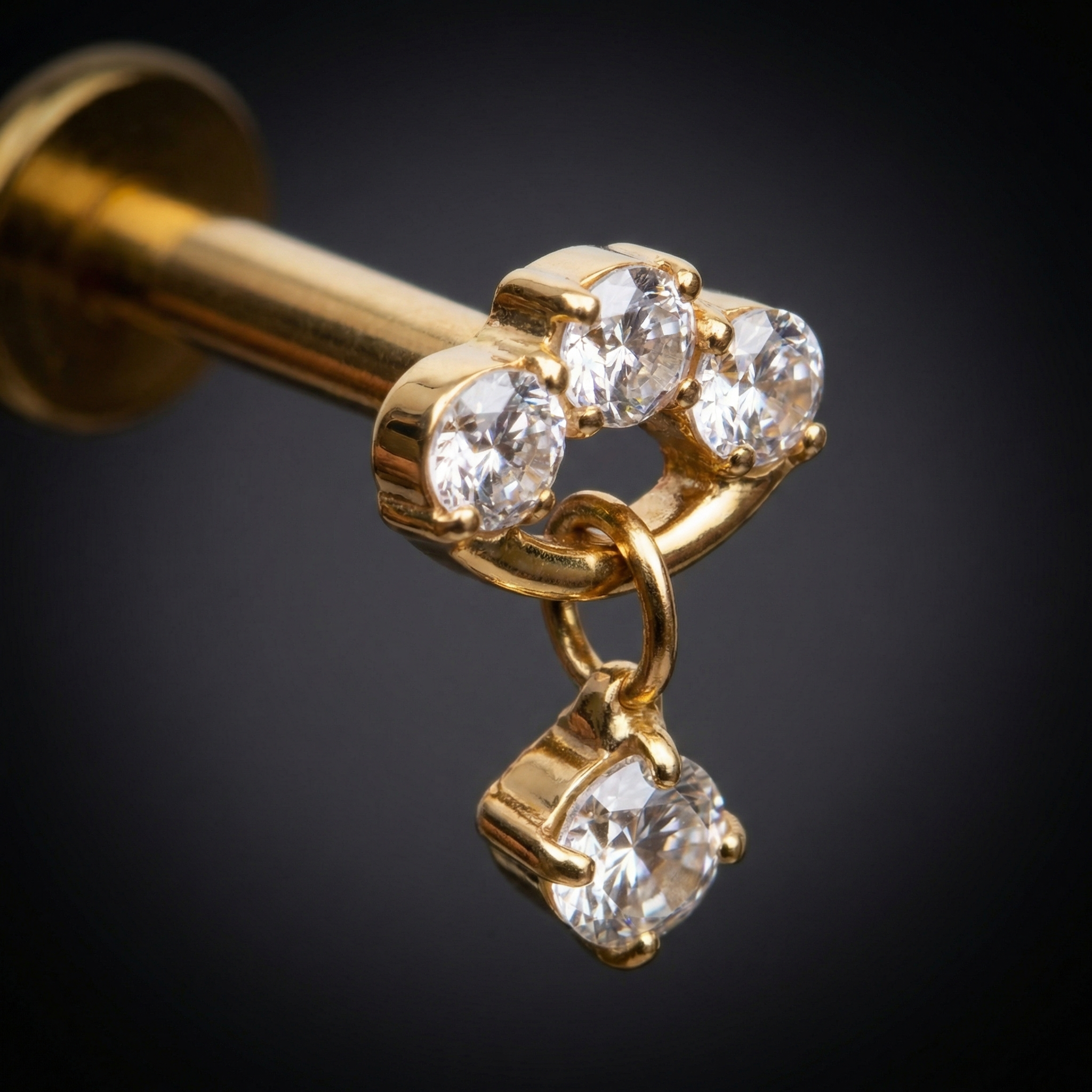 Titanium Triple Zircon Dangle Labret Piercing 7mm (16G) Flat Back Cartilage Stud for Helix Lobe and Lip