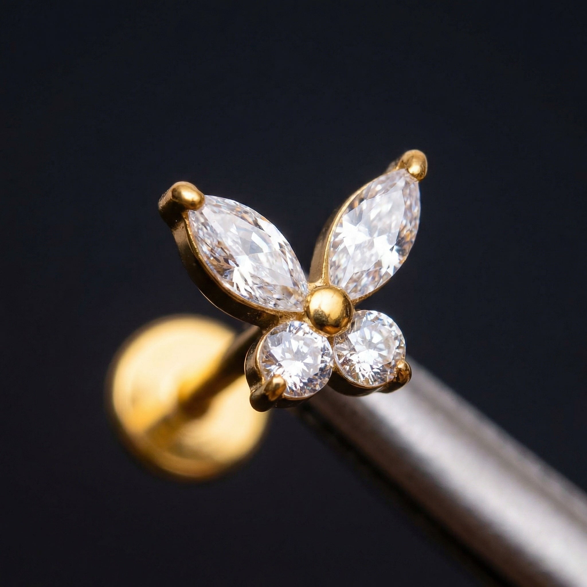 Butterfly CZ Titanium Labret Stud 16G Flat Back Helix Tragus Cartilage Piercing