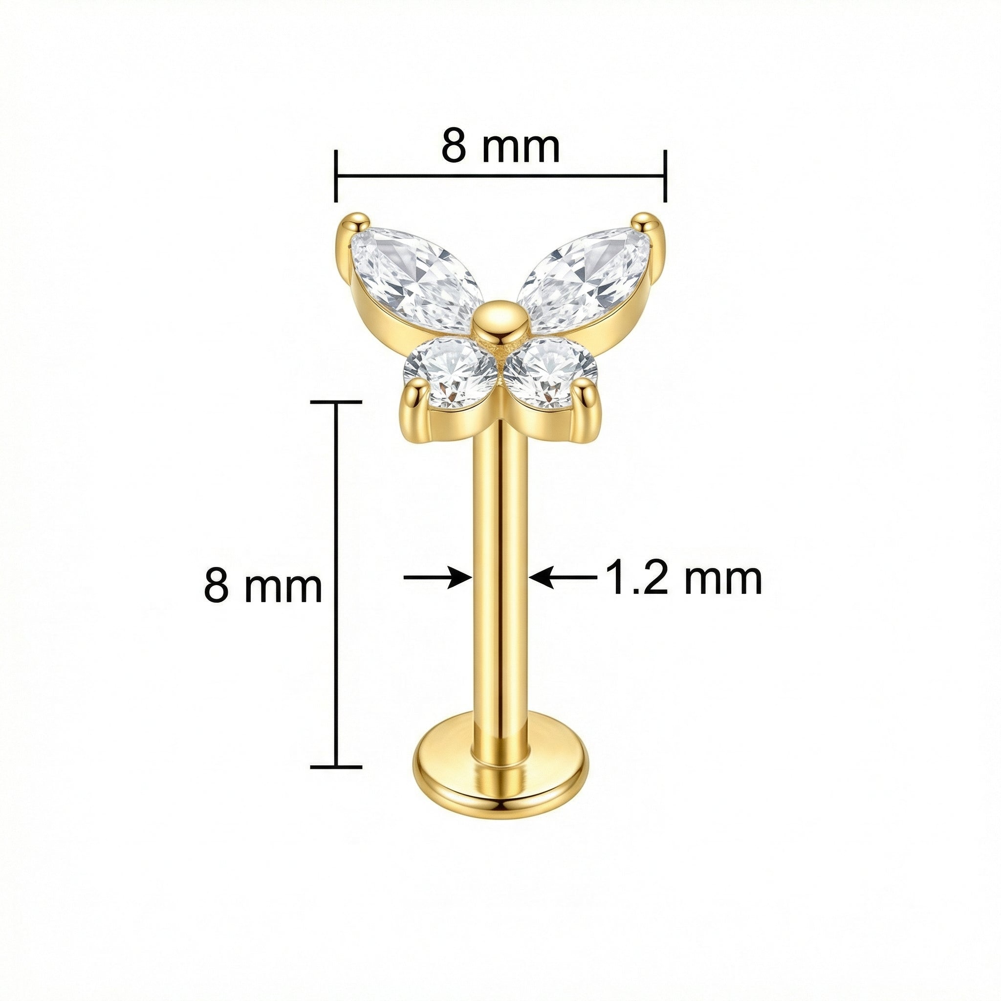 Butterfly CZ Titanium Labret Stud 16G Flat Back Helix Tragus Cartilage Piercing
