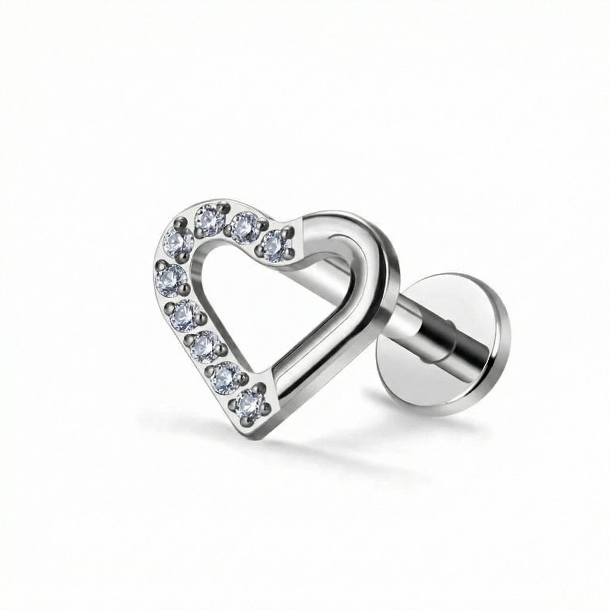 Heart Zircon Titanium Labret Piercing, Minimal Heart Cartilage Stud, Helix Tragus Flat Back Piercing, Cute Ear Jewelry