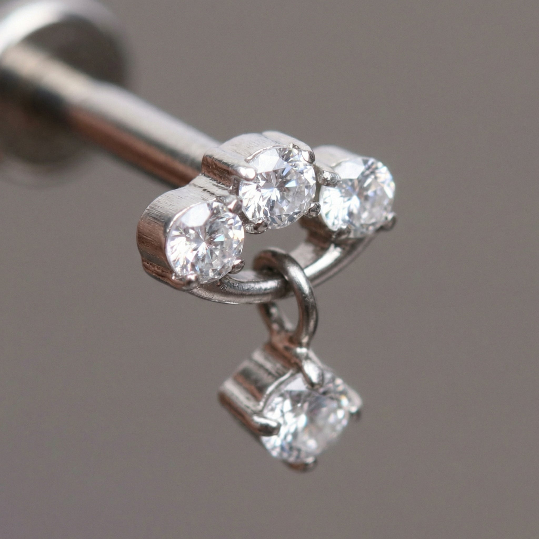 Titanium Triple Zircon Dangle Labret Piercing 7mm (16G) Flat Back Cartilage Stud for Helix Lobe and Lip