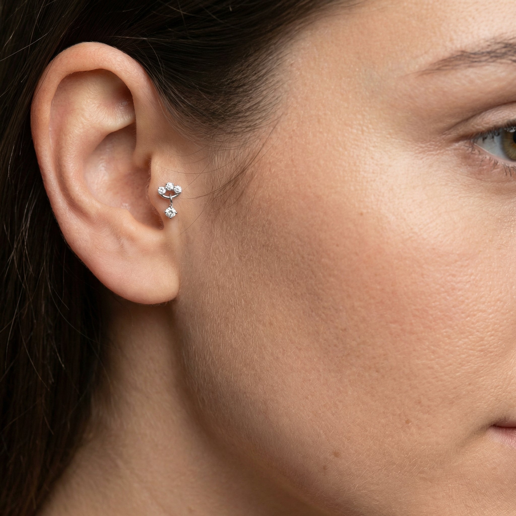 Titanium Triple Zircon Dangle Labret Piercing 7mm (16G) Flat Back Cartilage Stud for Helix Lobe and Lip