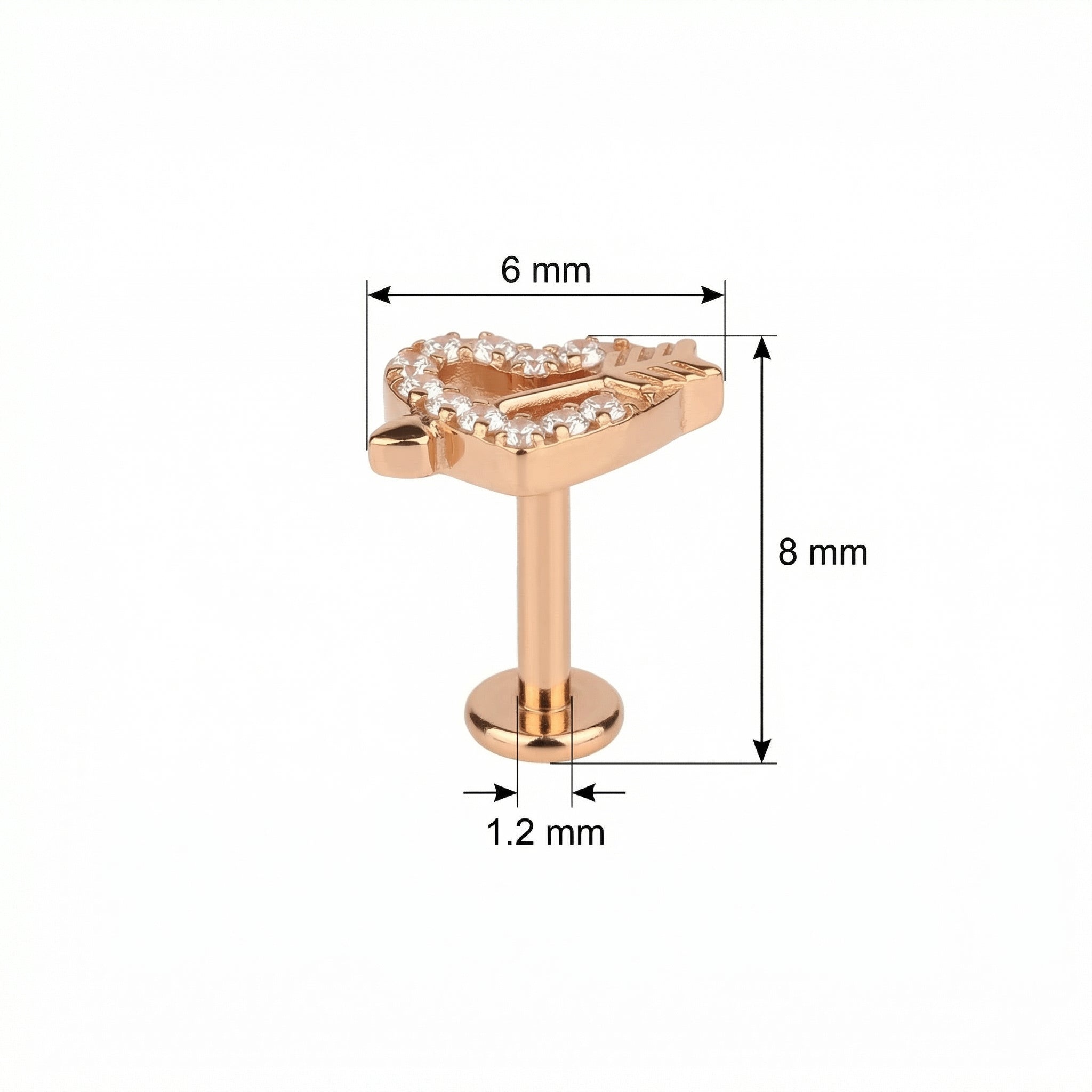 Titanium Heart Arrow Zircon Labret Piercing 6mm (16G) Flat Back Cartilage Stud for Conch Lobe Medusa Tragus
