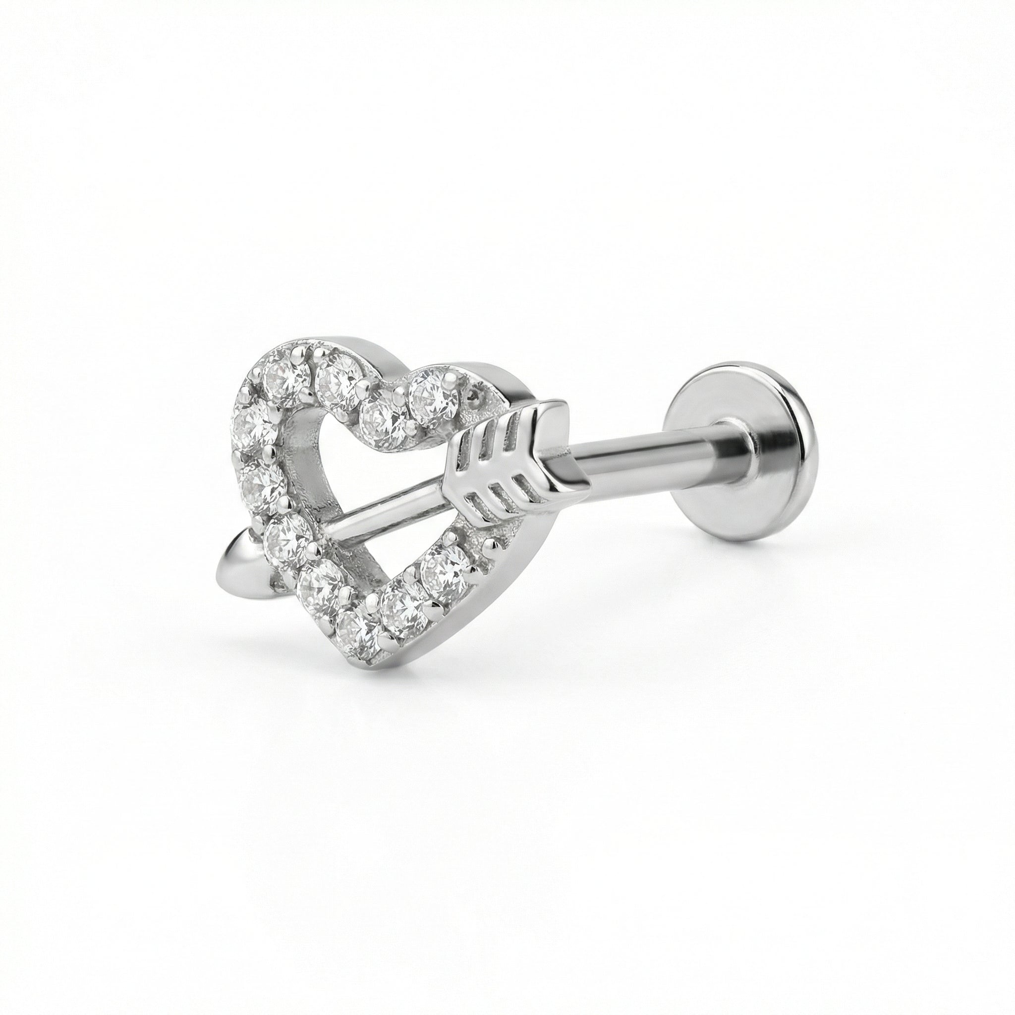Titanium Heart Arrow Zircon Labret Piercing 6mm (16G) Flat Back Cartilage Stud for Conch Lobe Medusa Tragus