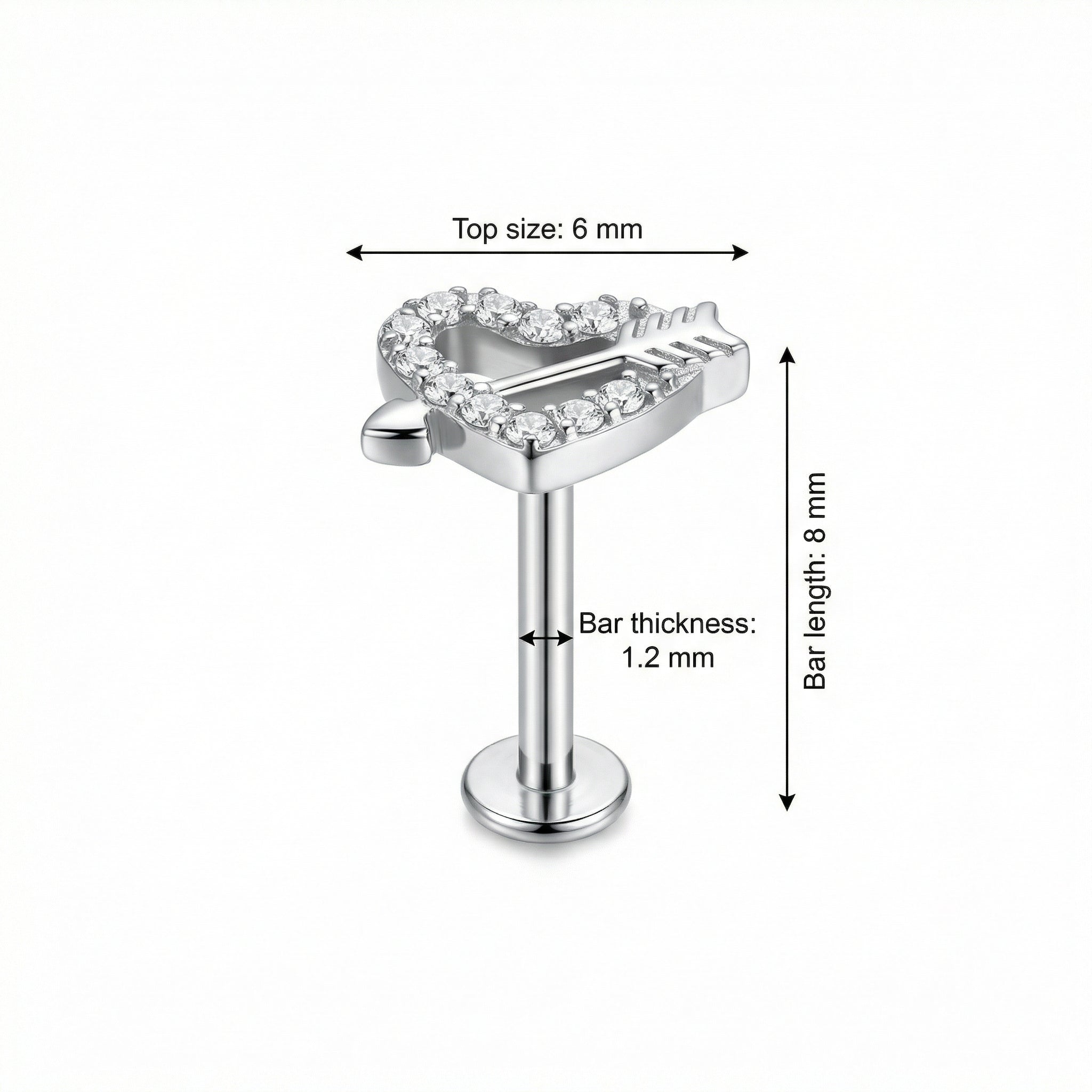 Titanium Heart Arrow Zircon Labret Piercing 6mm (16G) Flat Back Cartilage Stud for Conch Lobe Medusa Tragus