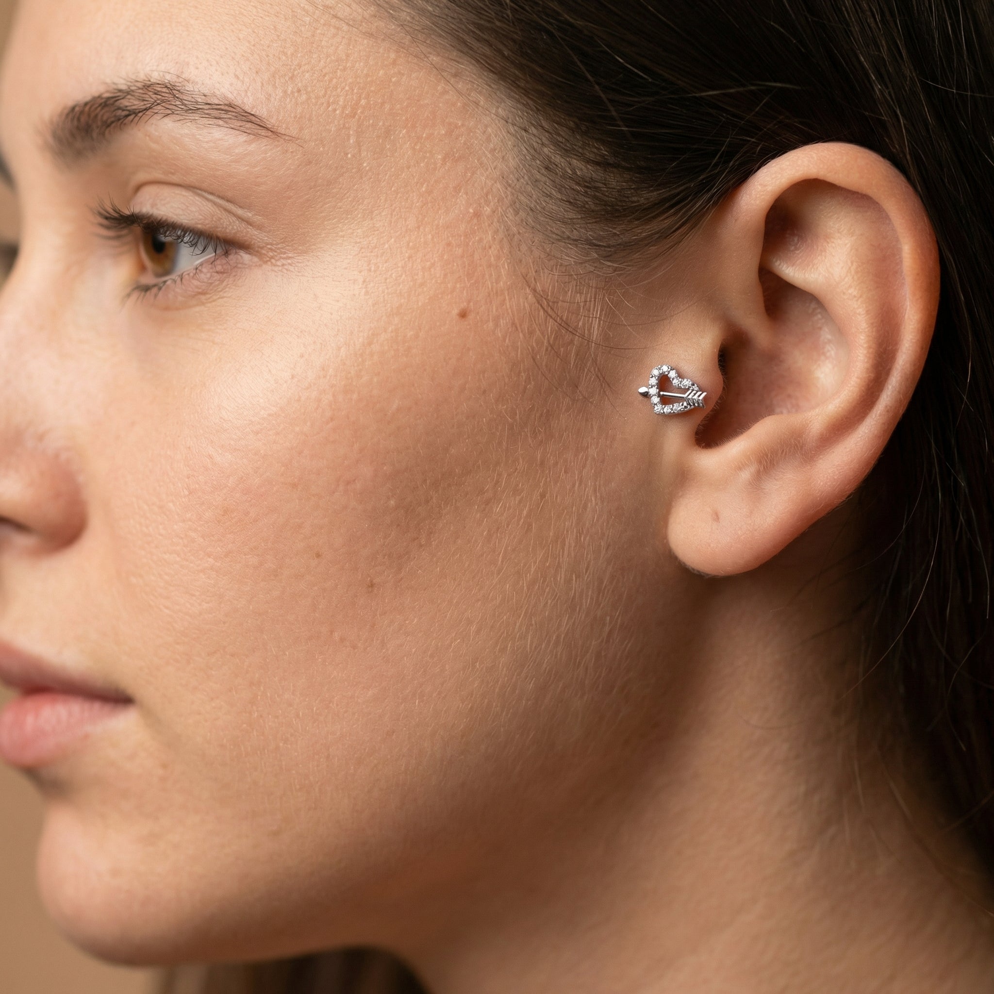 Titanium Heart Arrow Zircon Labret Piercing 6mm (16G) Flat Back Cartilage Stud for Conch Lobe Medusa Tragus