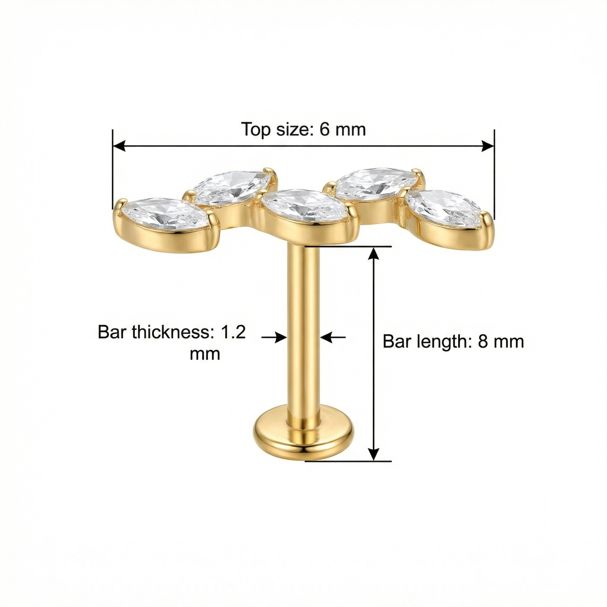 Titanium Five Marquise Zircon Labret Piercing 6mm (16G) Flat Back Cartilage Stud for Conch Lobe Medusa Tragus