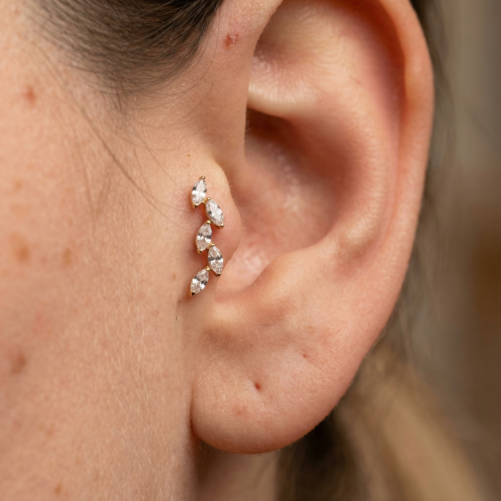 Titanium Five Marquise Zircon Labret Piercing 6mm (16G) Flat Back Cartilage Stud for Conch Lobe Medusa Tragus