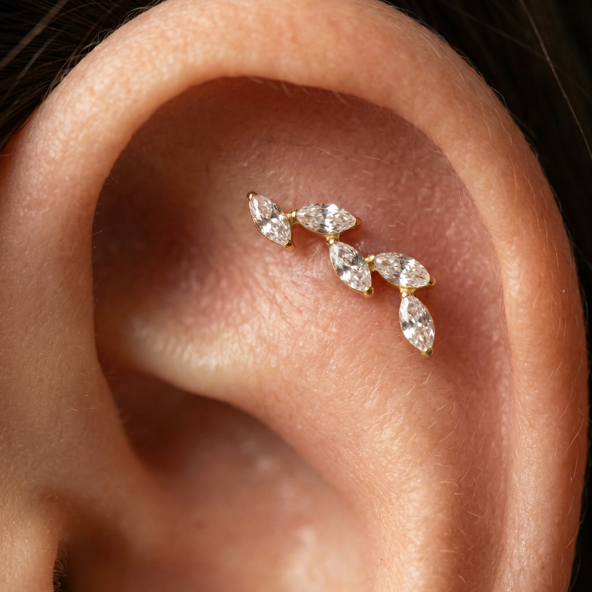 Titanium Five Marquise Zircon Labret Piercing 6mm (16G) Flat Back Cartilage Stud for Conch Lobe Medusa Tragus