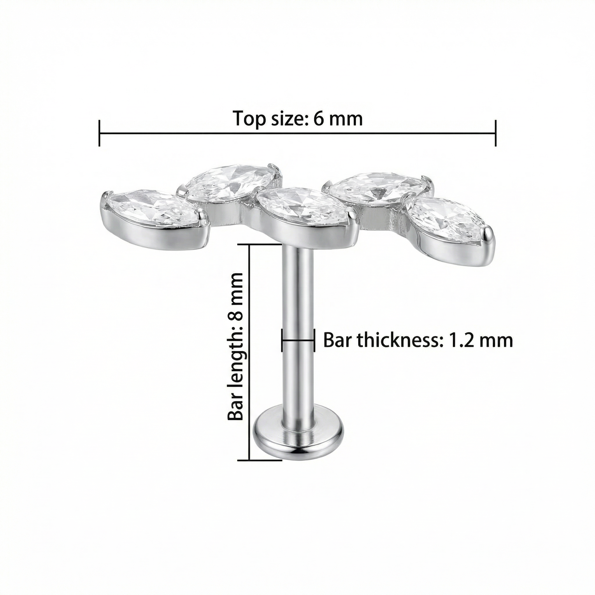 Titanium Five Marquise Zircon Labret Piercing 6mm (16G) Flat Back Cartilage Stud for Conch Lobe Medusa Tragus