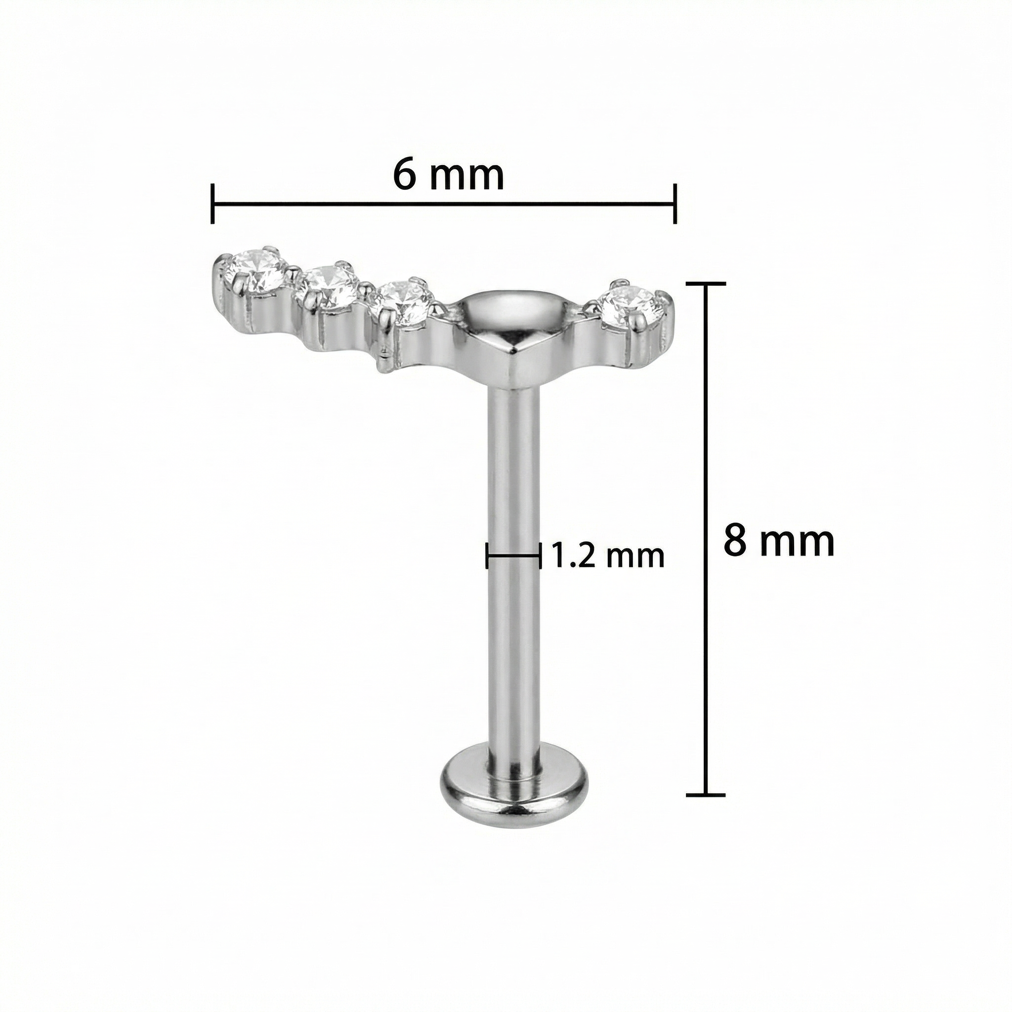 Titanium Curved Zircon Line Labret Piercing 6mm (16G) Flat Back Cartilage Stud for Conch Lobe Medusa Tragus