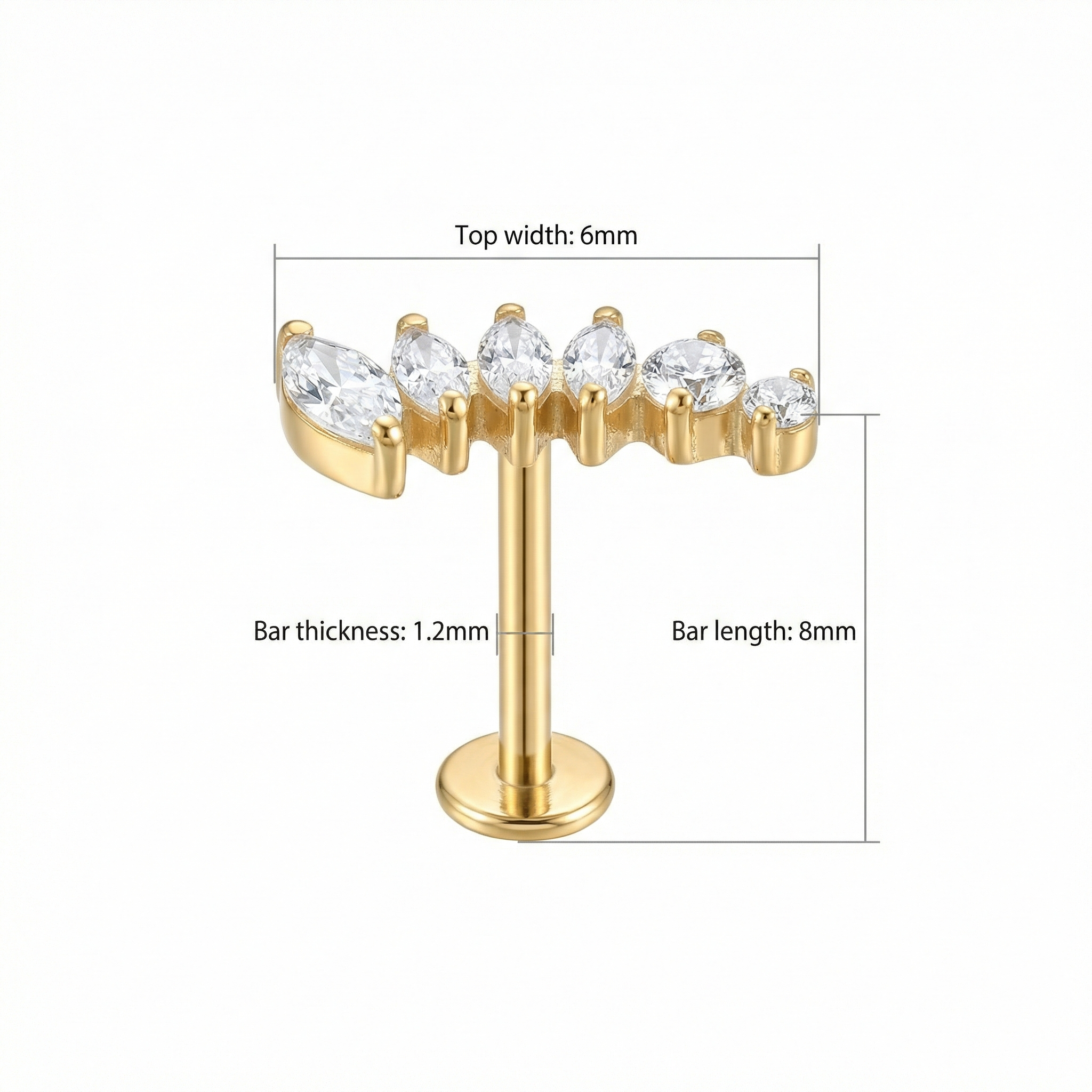 Titanium Marquise Zircon Cluster Labret Piercing 6mm (16G) Flat Back Cartilage Stud for Conch Lobe Medusa Tragus