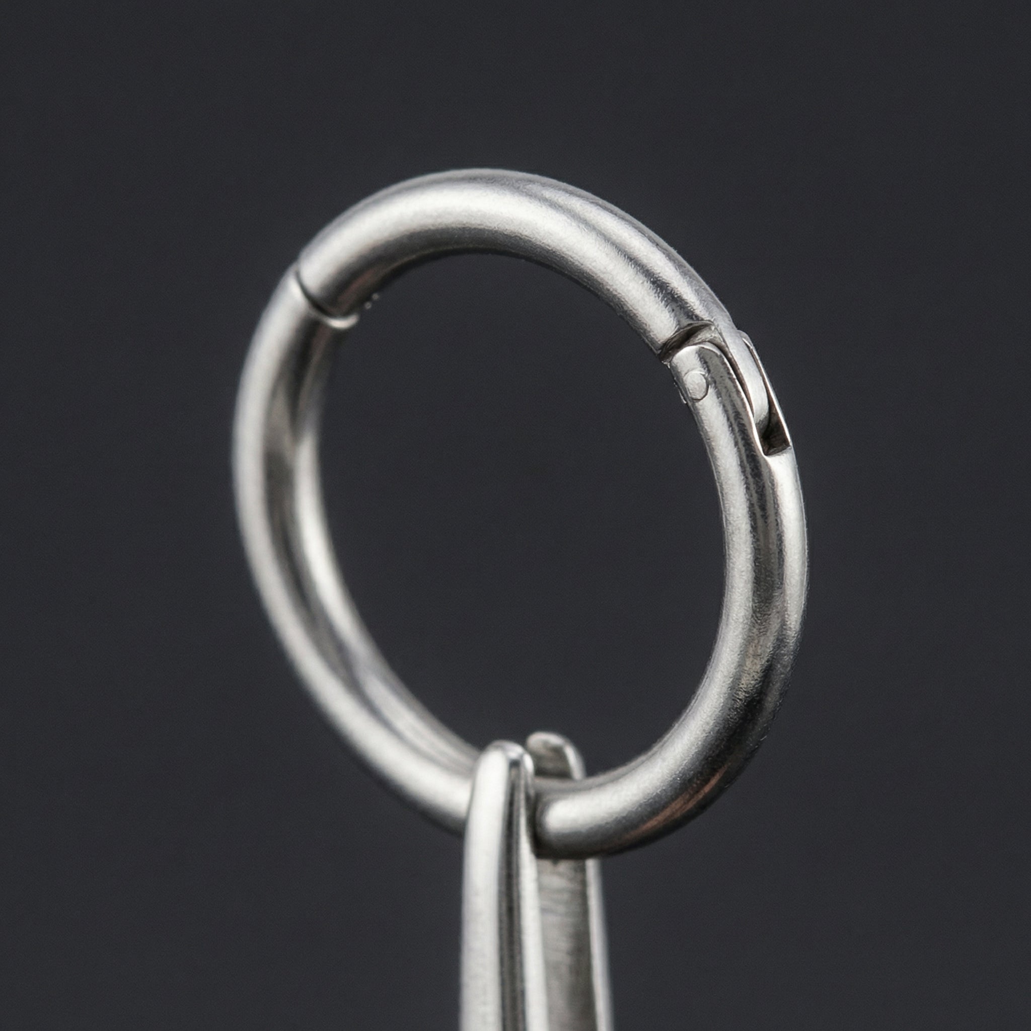 Surgical steel pliers holding a secure silver titanium hinged clicker ring close