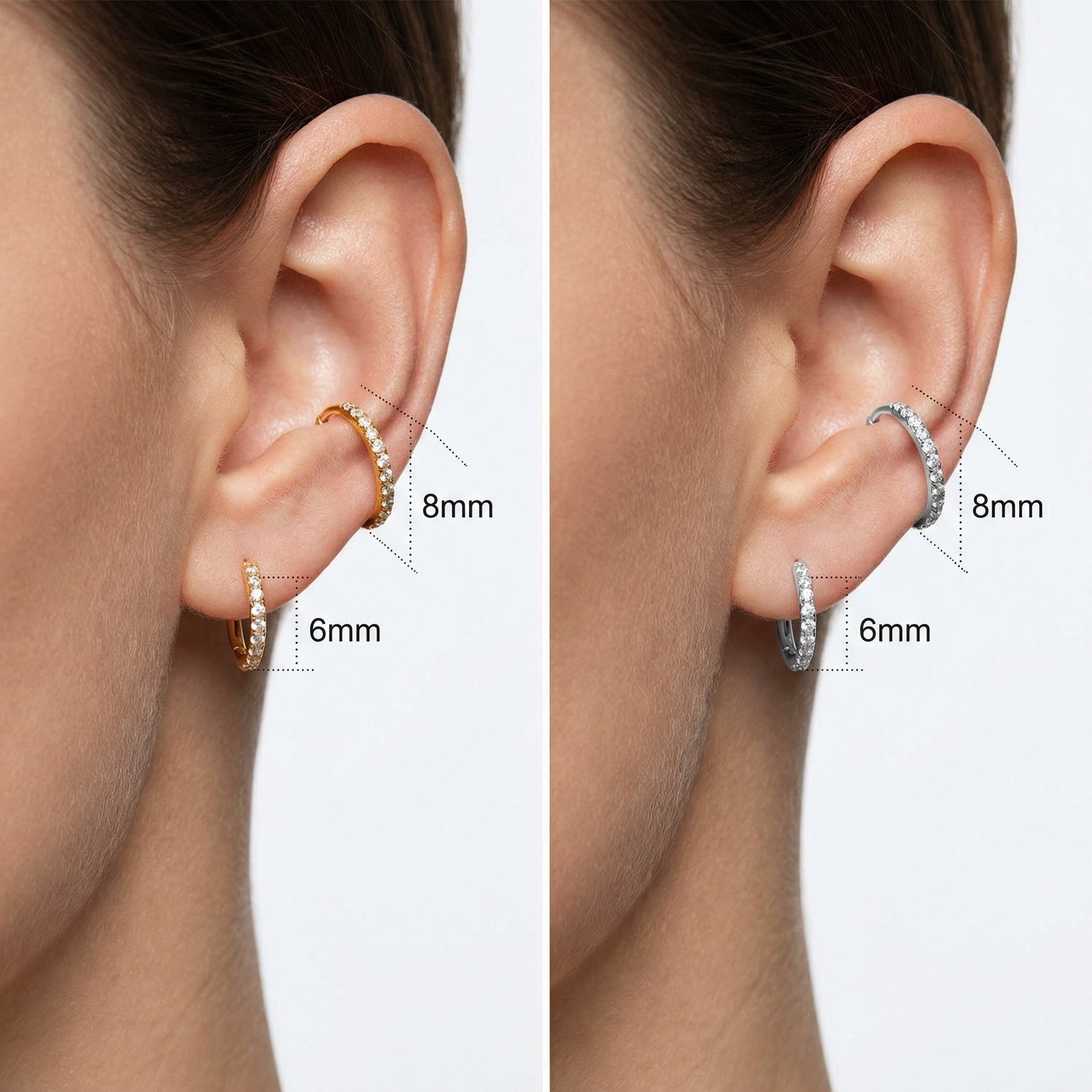 Diagram on a model's ear showing 6mm and 8mm silver zircon clickers