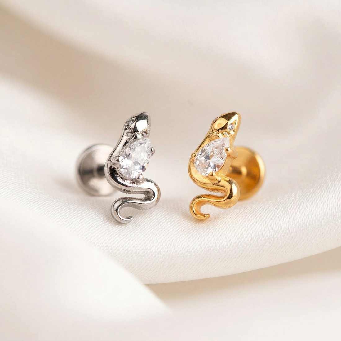 Snake Zircon Titanium Labret Piercing 1.2mm (16G) Flatback Stud – 6mm Snake Crystal Top, 8mm Bar – Conch, Helix, Lobe Jewelry