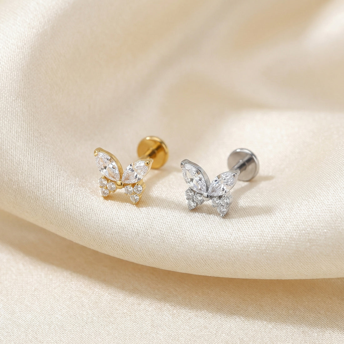 Butterfly Zircon Titanium Labret Piercing 1.2mm (16G) Flatback Stud – 6mm Crystal Butterfly Top, 8mm Bar – Conch, Lobe, Lip Jewelry