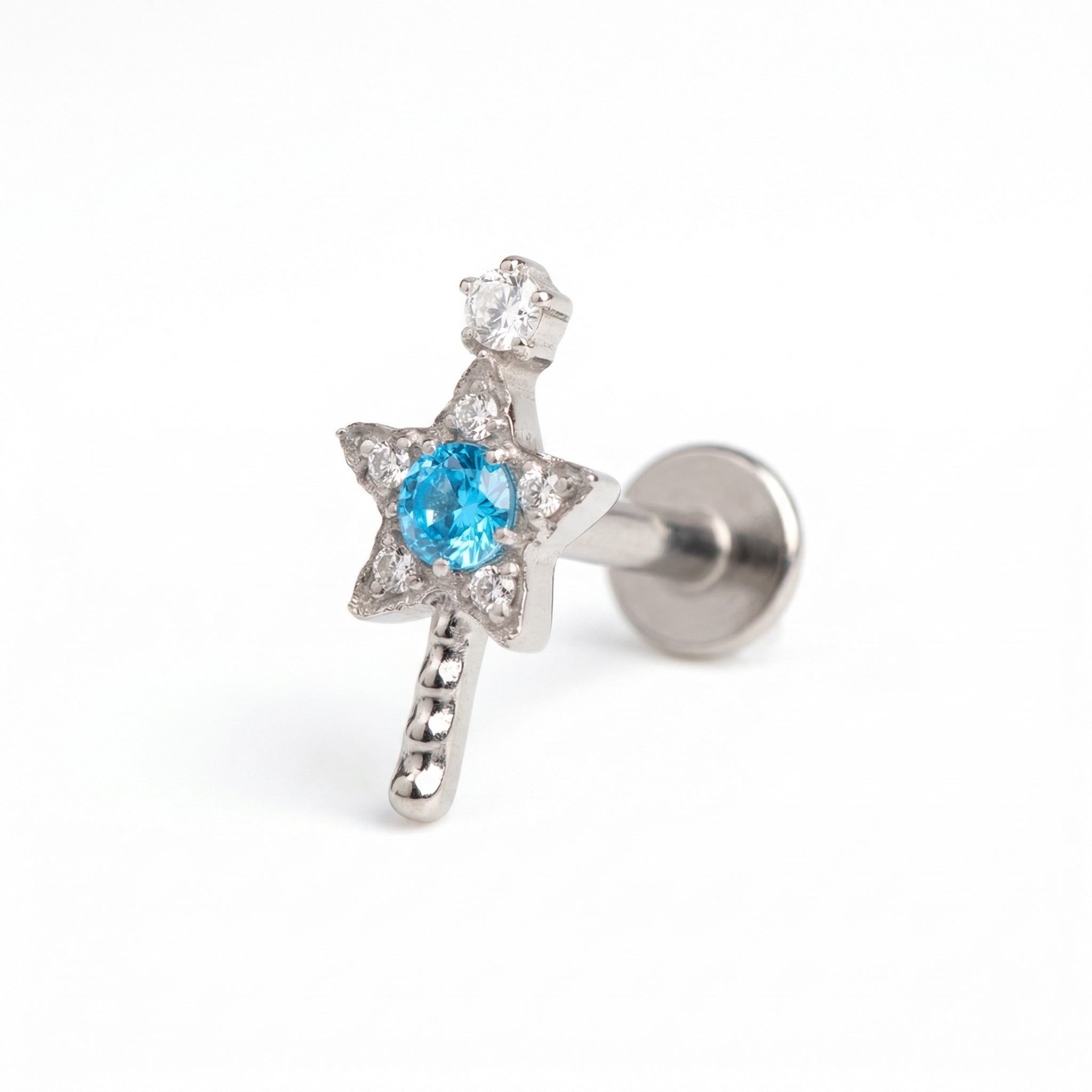 Titanium Magic Wand Star Zircon Labret Piercing 6mm (16G) Flat Back Cartilage Stud for Conch Lobe Medusa Tragus