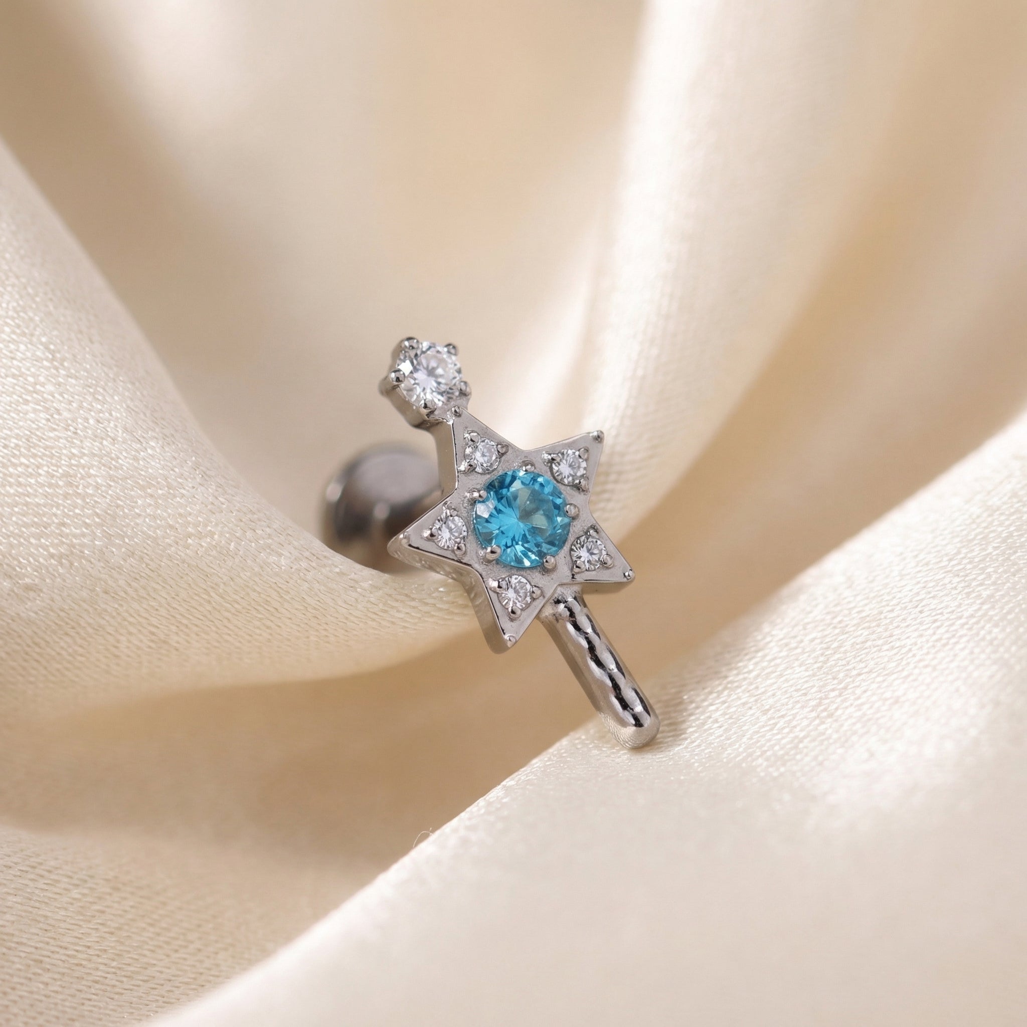 Titanium Magic Wand Star Zircon Labret Piercing 6mm (16G) Flat Back Cartilage Stud for Conch Lobe Medusa Tragus