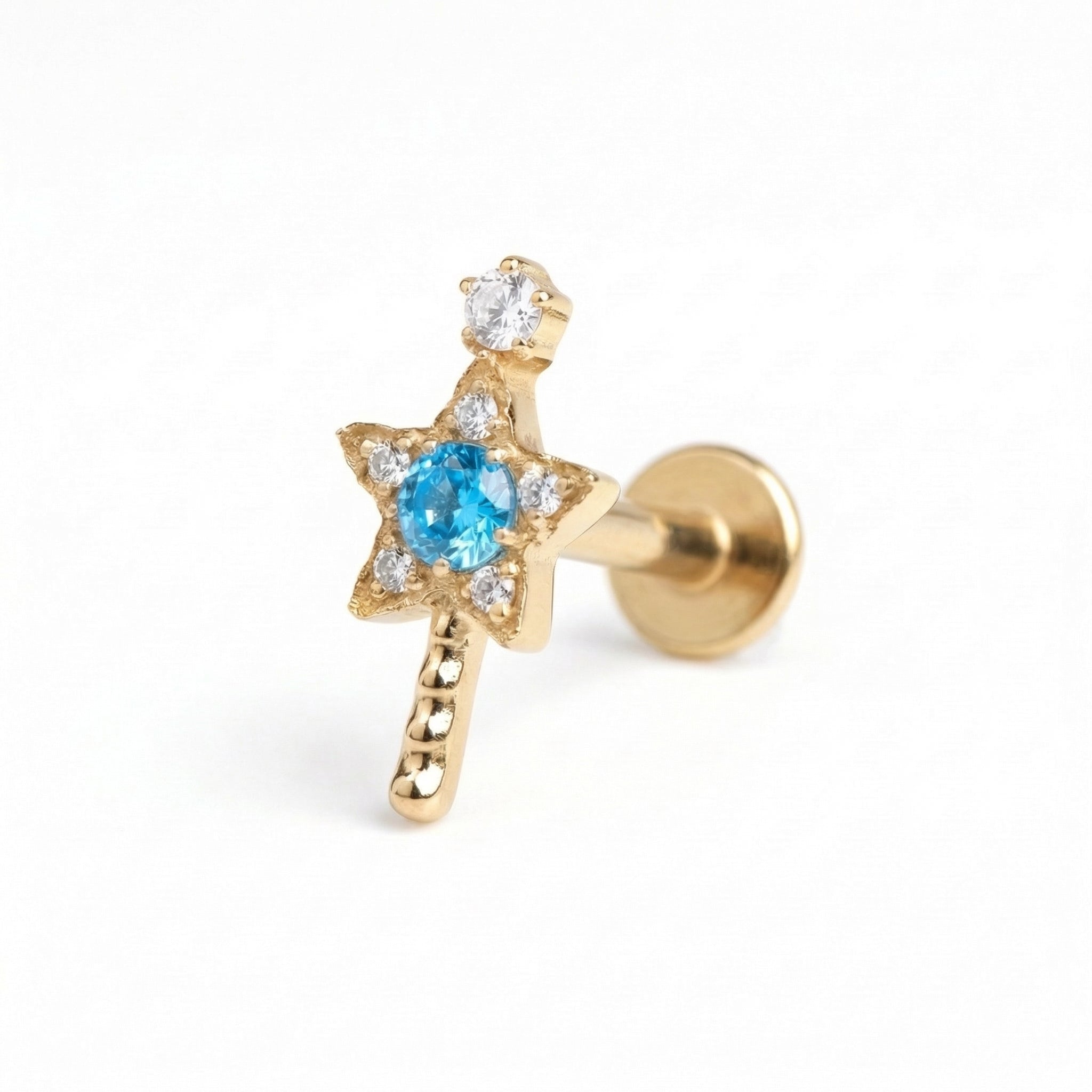 Titanium Magic Wand Star Zircon Labret Piercing 6mm (16G) Flat Back Cartilage Stud for Conch Lobe Medusa Tragus