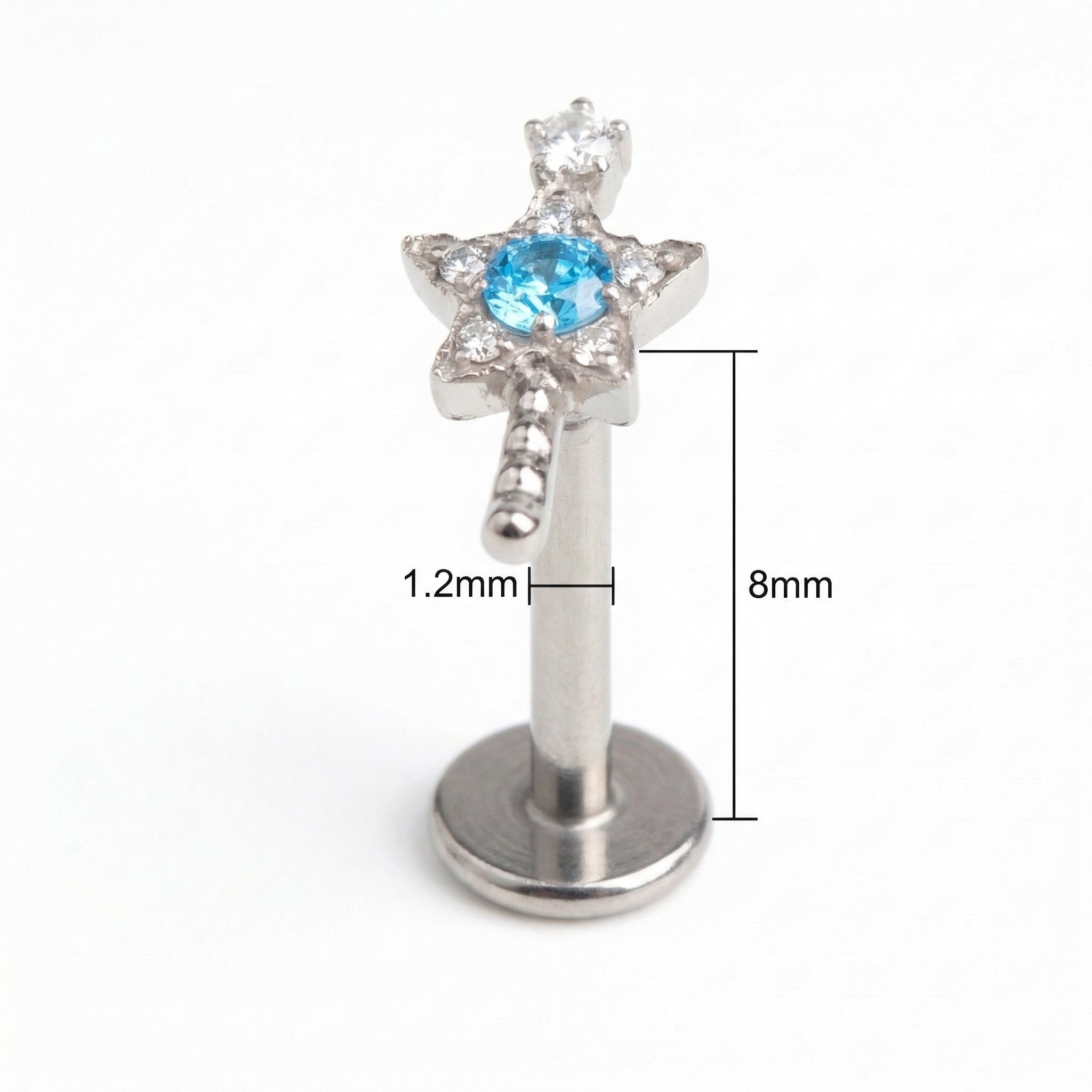 Titanium Magic Wand Star Zircon Labret Piercing 6mm (16G) Flat Back Cartilage Stud for Conch Lobe Medusa Tragus
