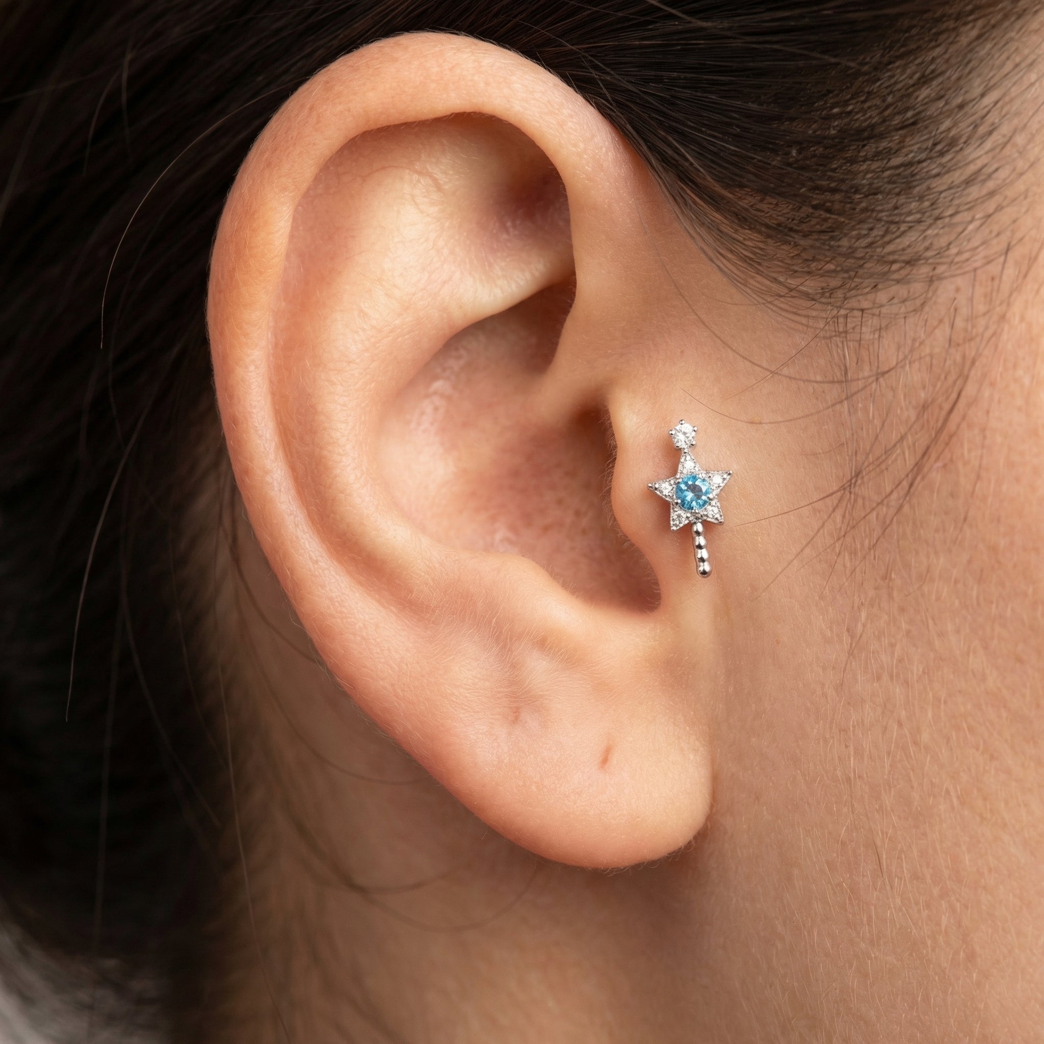 Titanium Magic Wand Star Zircon Labret Piercing 6mm (16G) Flat Back Cartilage Stud for Conch Lobe Medusa Tragus