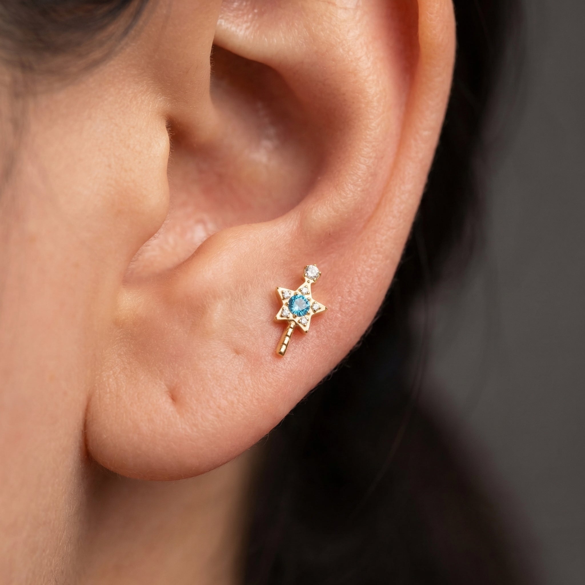 Titanium Magic Wand Star Zircon Labret Piercing 6mm (16G) Flat Back Cartilage Stud for Conch Lobe Medusa Tragus